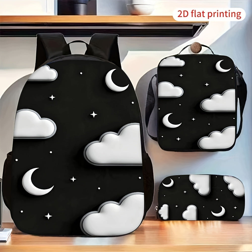 3pcs Moon Cloud Star Pattern Backpack Set with Crossbody Pencil Case 2D Fla