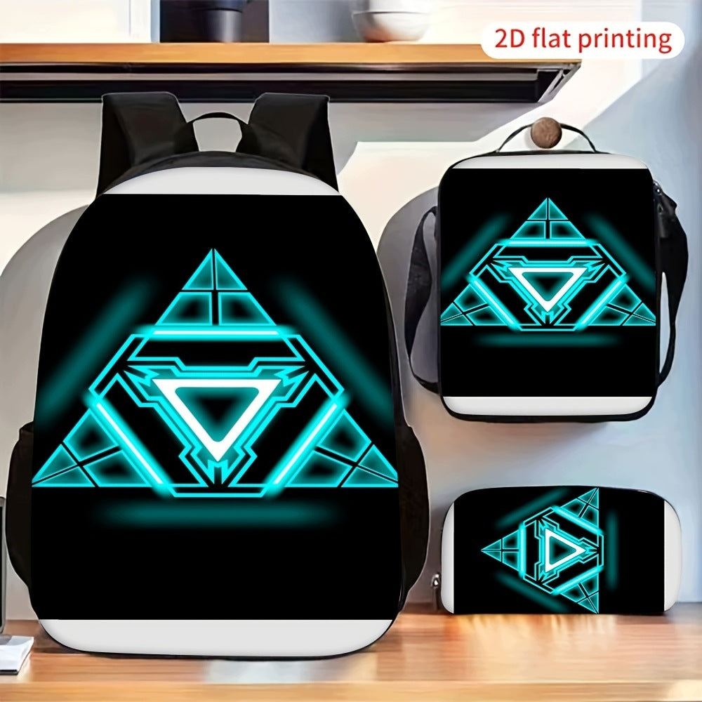 3pcs Neon Glowing Triangular Geometric Graphic Backpack Set 2D Flat