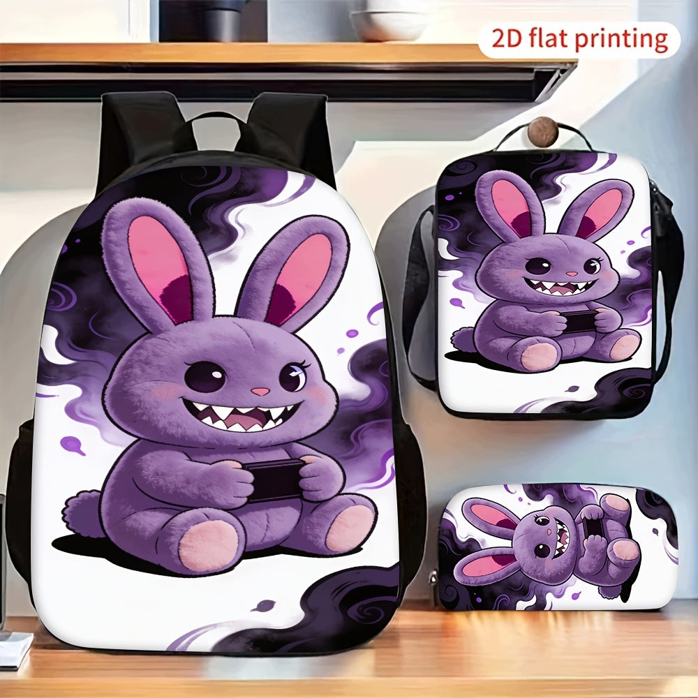 3pcs Purple Cute Fanged Bunny Print Backpack Set with Crossbody Pencil Case