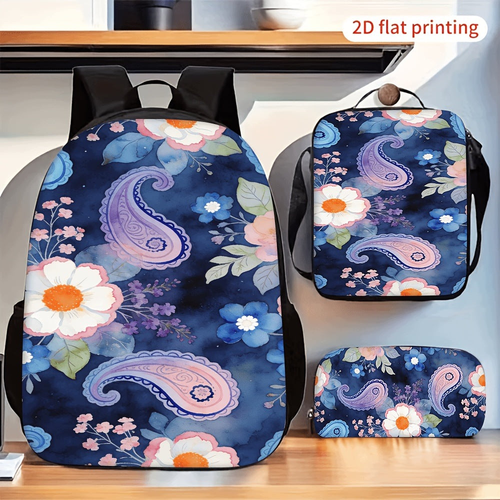 3pcs Retro Watercolor Paisley Floral Backpack Lunch Bag Pencil Pouch