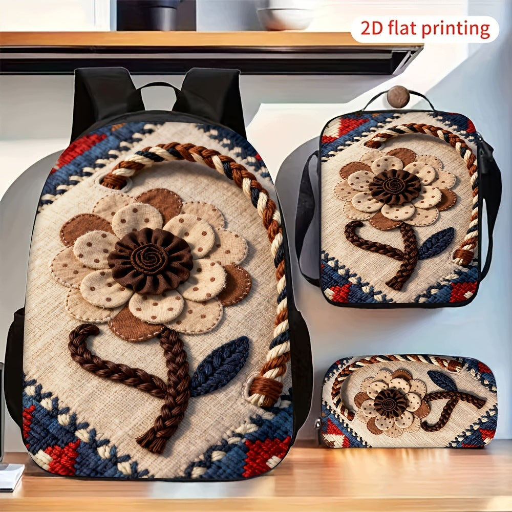 3pcs Retro Woven Flower Print Backpack Crossbody Bag Pouch