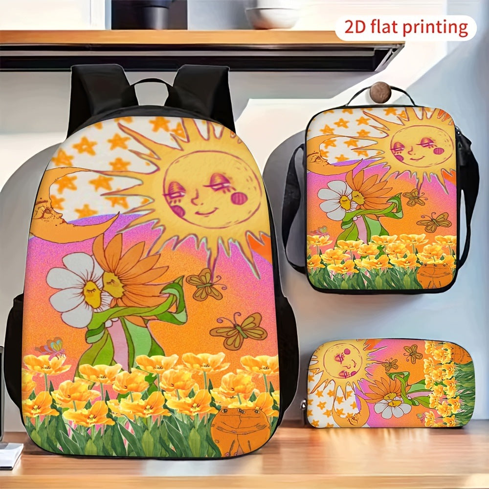 3pcs Sunflower Print Backpack Set with Lunch Bag and Pencil Case 2D Flat