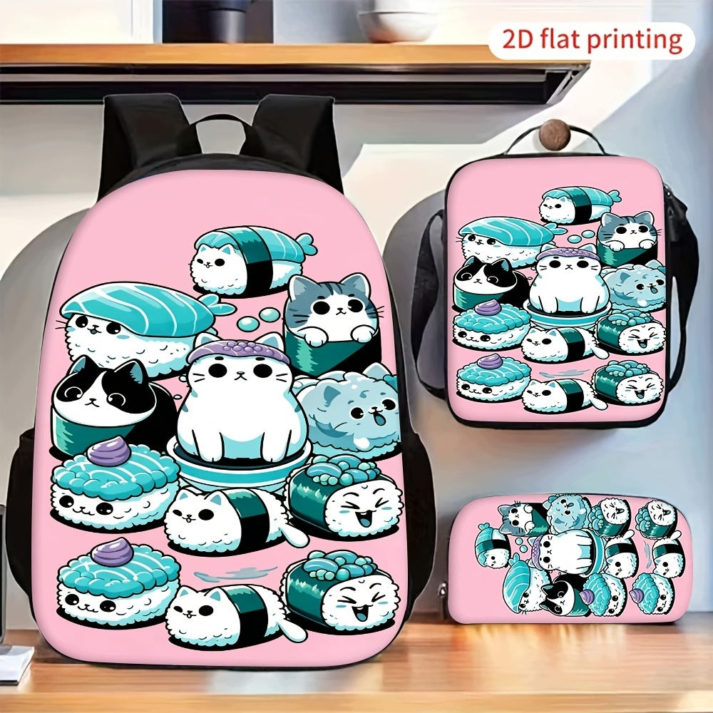 3pcs Sushi Cat Backpack Lunch Bag Pencil Case Lightweight Themed Carrier