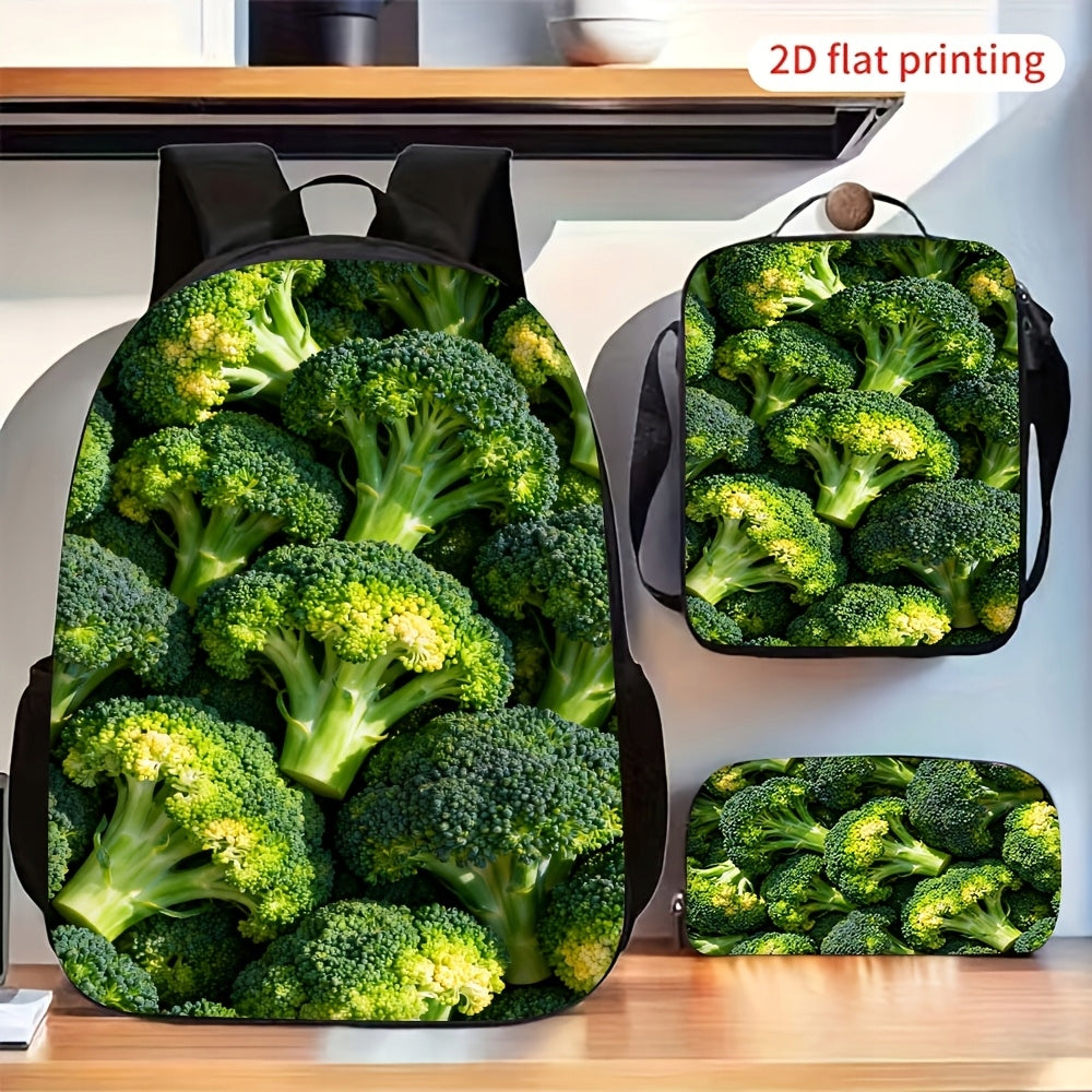 3pcs Trendy Green Natural Pattern Backpack Set with Storage Pouch