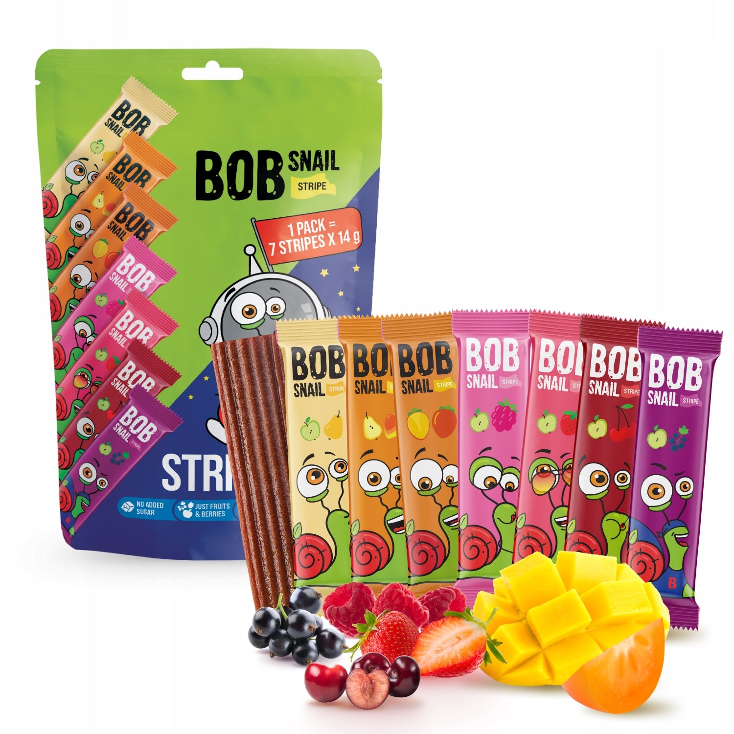 3x BOB SNAIL Strip 7 Flavours x 14g FRUIT SNACKS MIX Strips 100% Fruit Brand Bob Snail