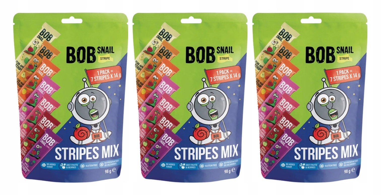 3x BOB SNAIL Strip 7 Flavours x 14g FRUIT SNACKS MIX Strips 100% Fruit Manufacturer code Przekąski owocowe stripe paski 7szt 14 g