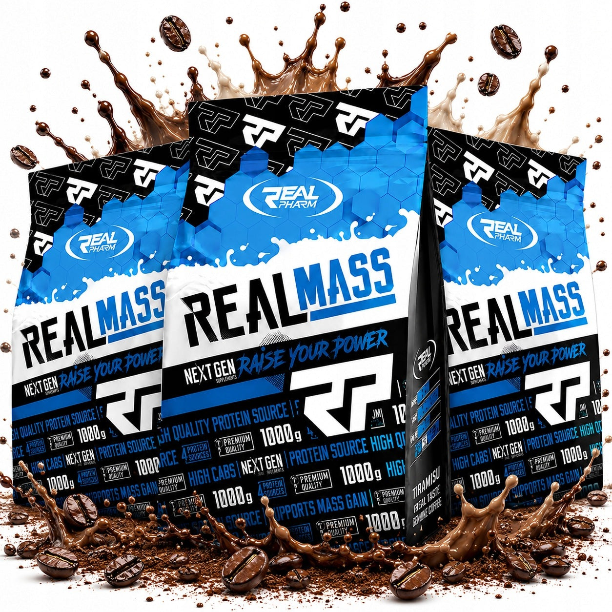 3x GAINER FOR MASS protein carbohydrates Tiramisu REAL PHARM Real Mass 1000g