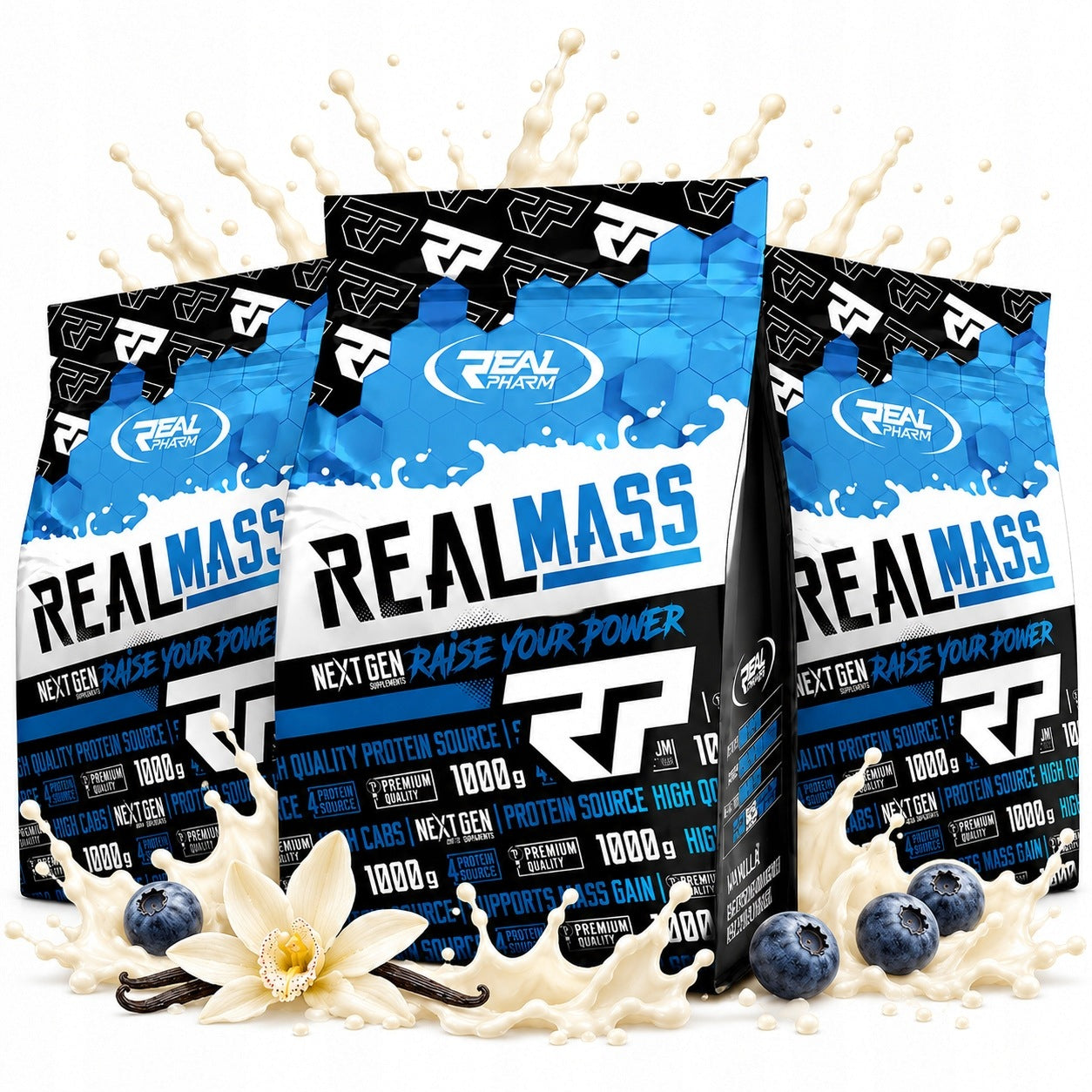 3x GAINER FOR MASS protein carbohydrates VANILLA BERRY REAL PHARM Real Mass 1kg
