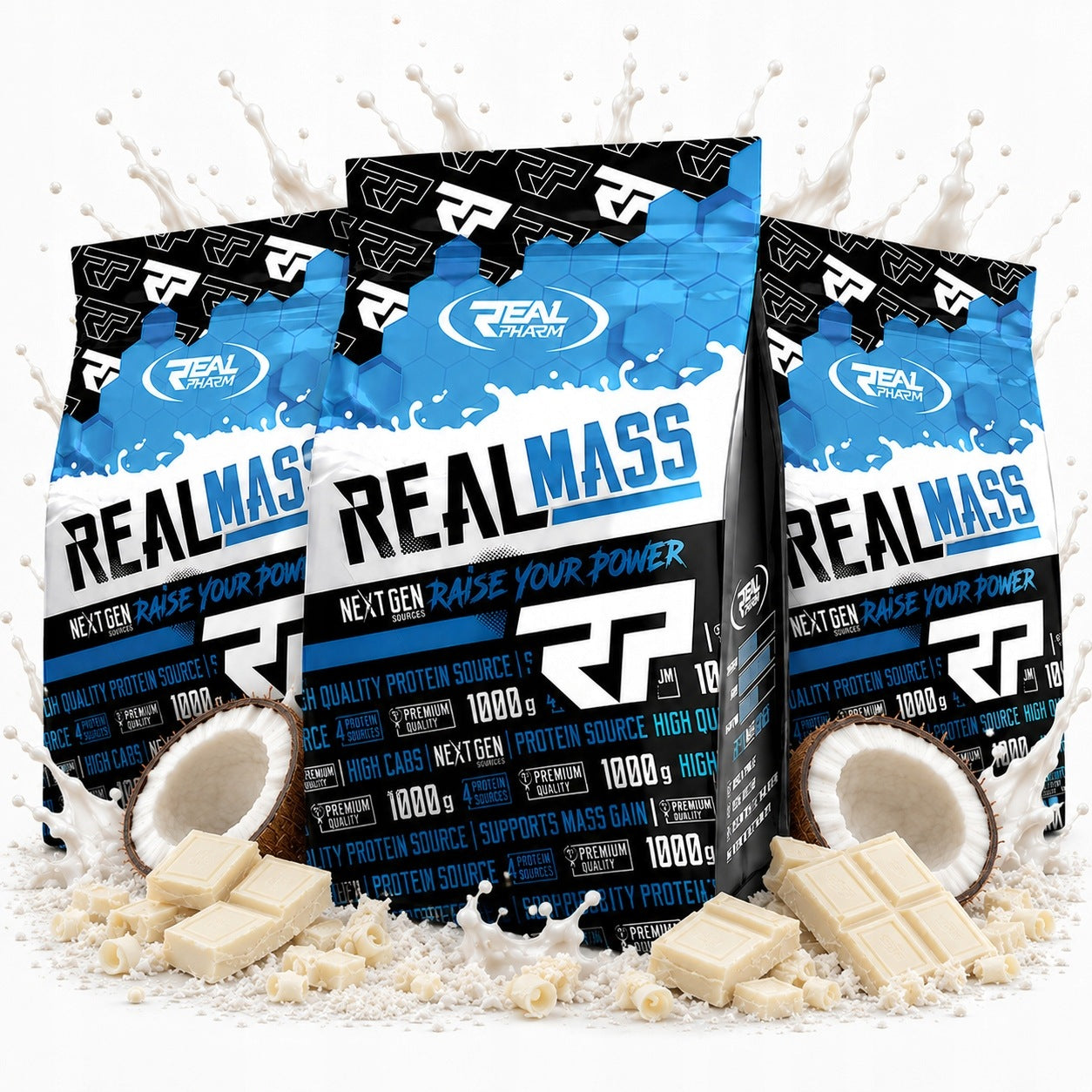 3x GAINER PER MASS protein coal WHITE CHEQUE COCONUT REAL PHARM Real Mass 1000g