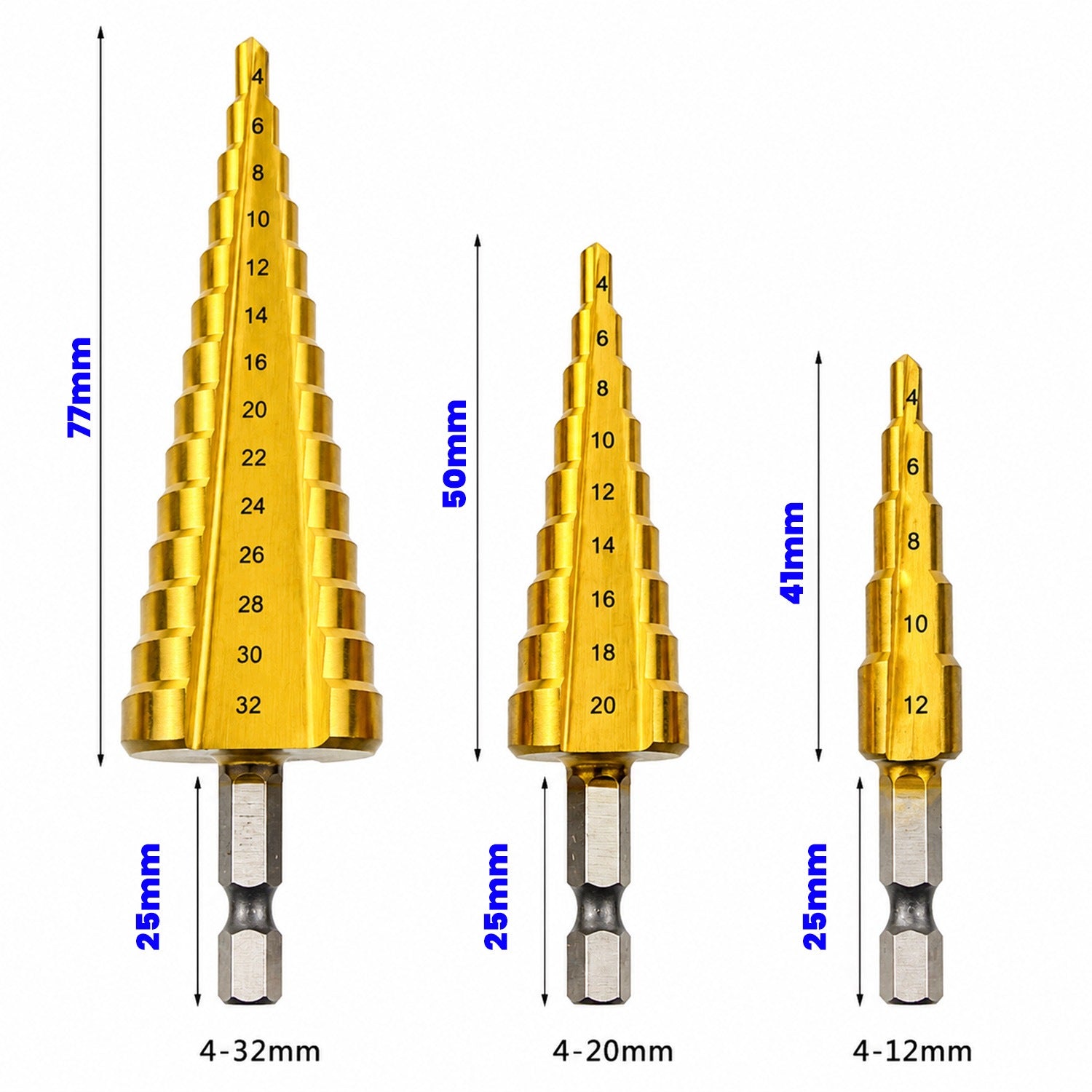3x STEP DRILL BITS CONICAL TITANIUM DRILL BIT SET 4-32mm HEX Brand Renew Force