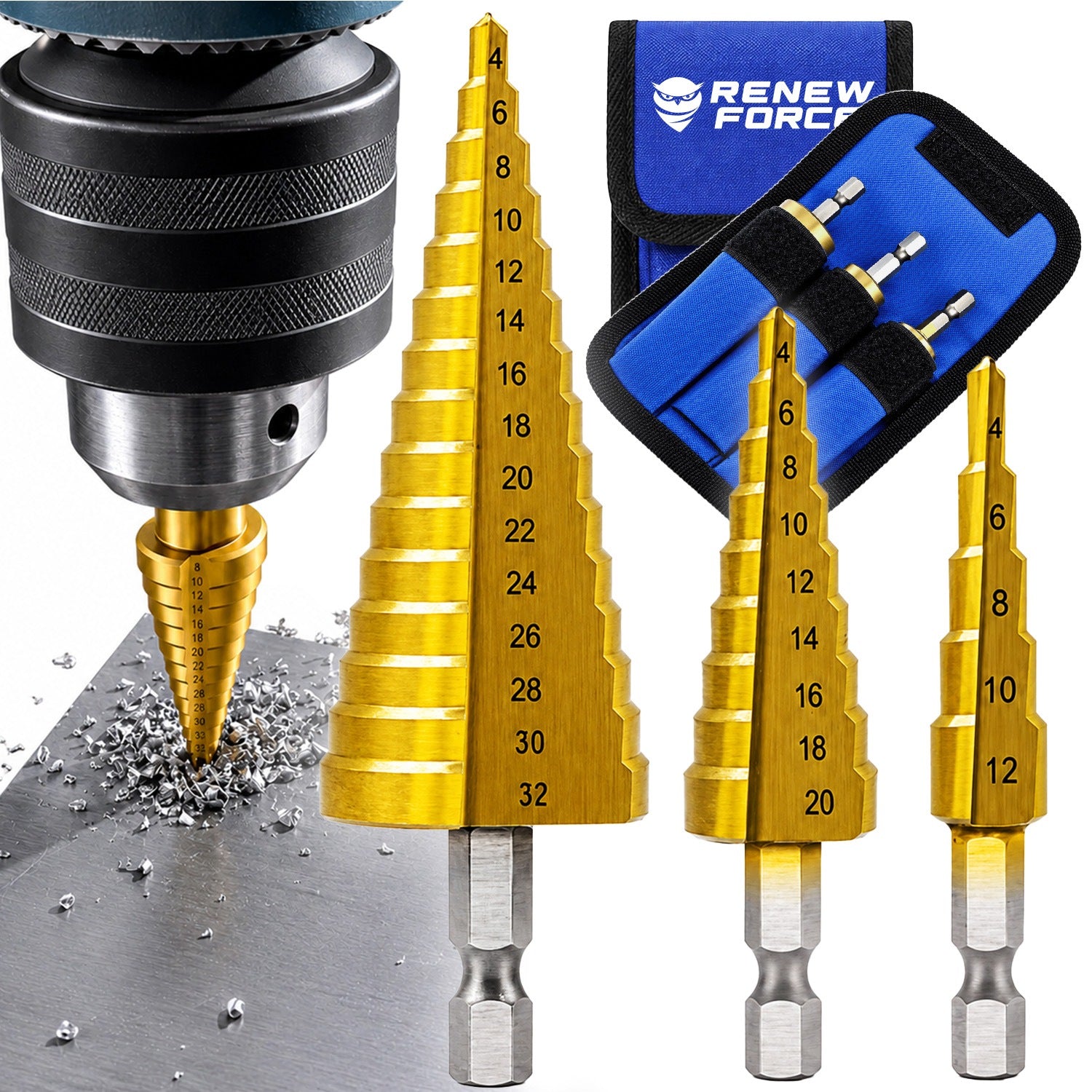 3x STEP DRILL BITS CONICAL TITANIUM DRILL BIT SET 4-32mm HEX