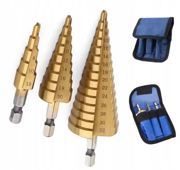 3x STEP TAPERED DRILL BITS FOR METAL WOOD PLASTIC SHEET METAL SET 4-32mm