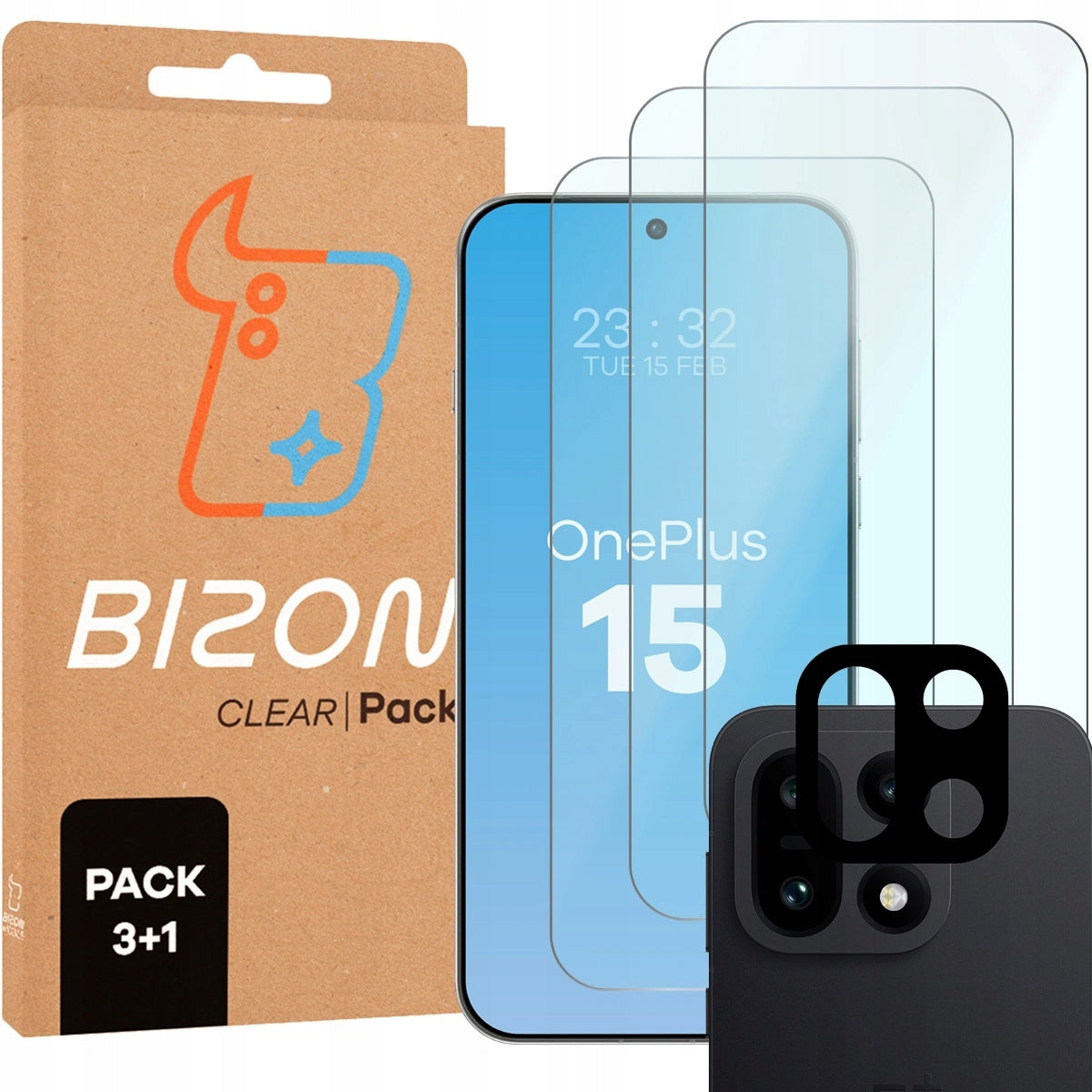 3x Tempered glass + fast on camera Bizon for OnePlus 15, set
