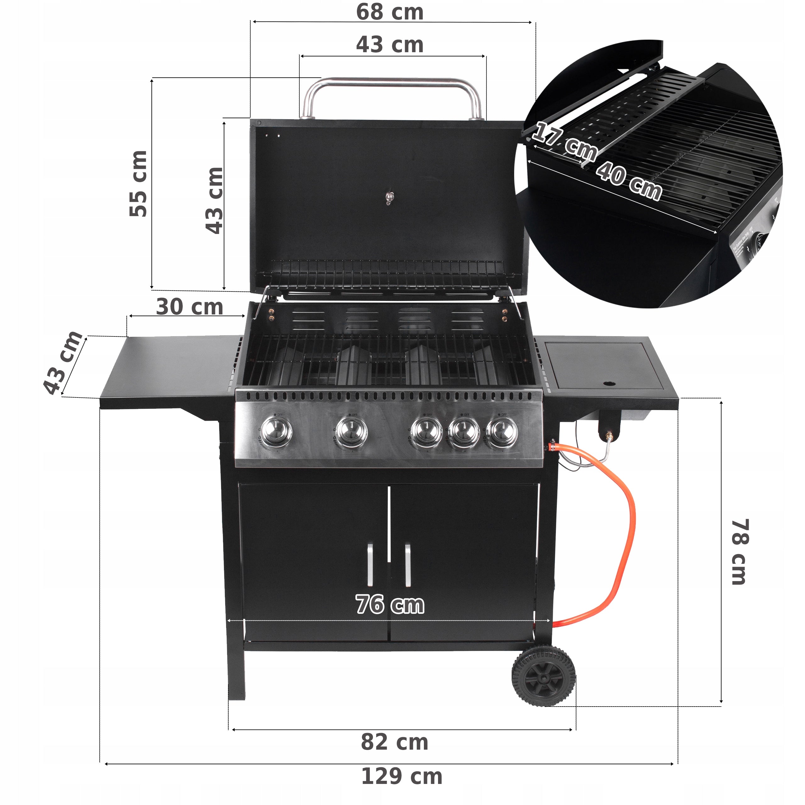 4+1 GARDEN GAS GRILL WITH COVER LARGE STAINLESS STEEL GRATE WHEELS COVER Packaging status original