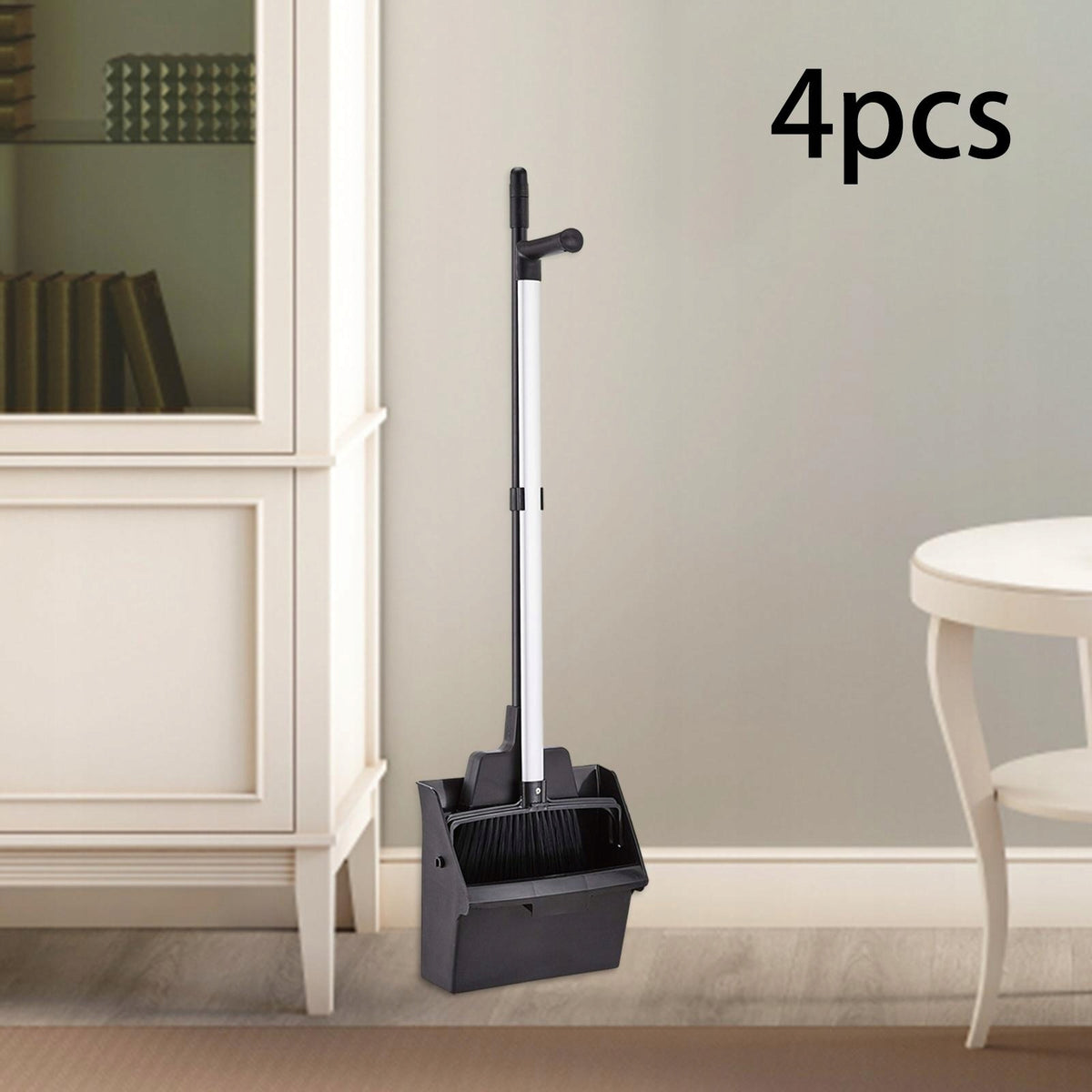 4 Pieces Standing Dustpan and Broom Household Cleaning Broom Set Long
