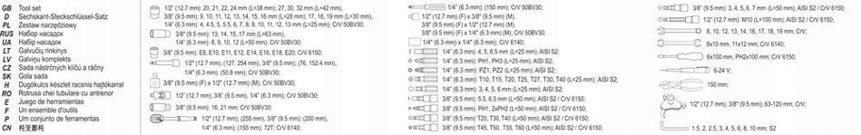 Įrankių rinkinys YATO YT-38875, 126 vnt., 1/2", 1/4", 3/8