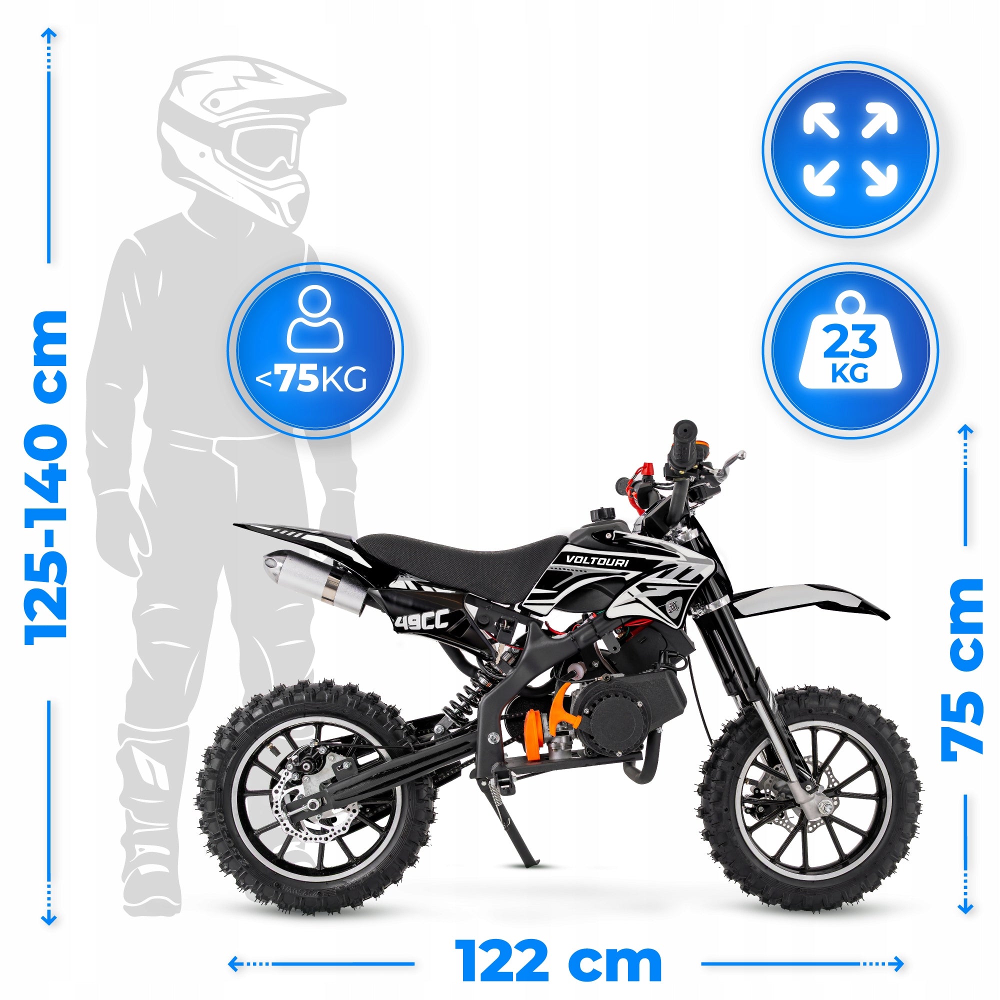 49CC internal combustion cross for children e-start led light 35km/h VOLTOURI motorbike Packaging status original