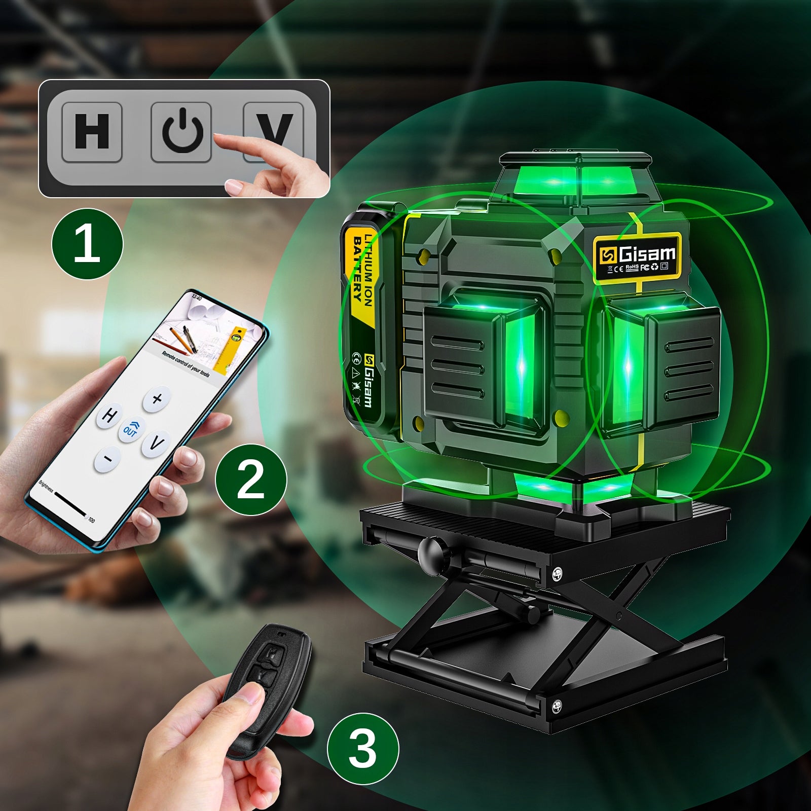 4D Laser Level 16 Lines Green Laser 360° 2x Batteries Tripod Remote Control Manufacturer code Gisam P3939
