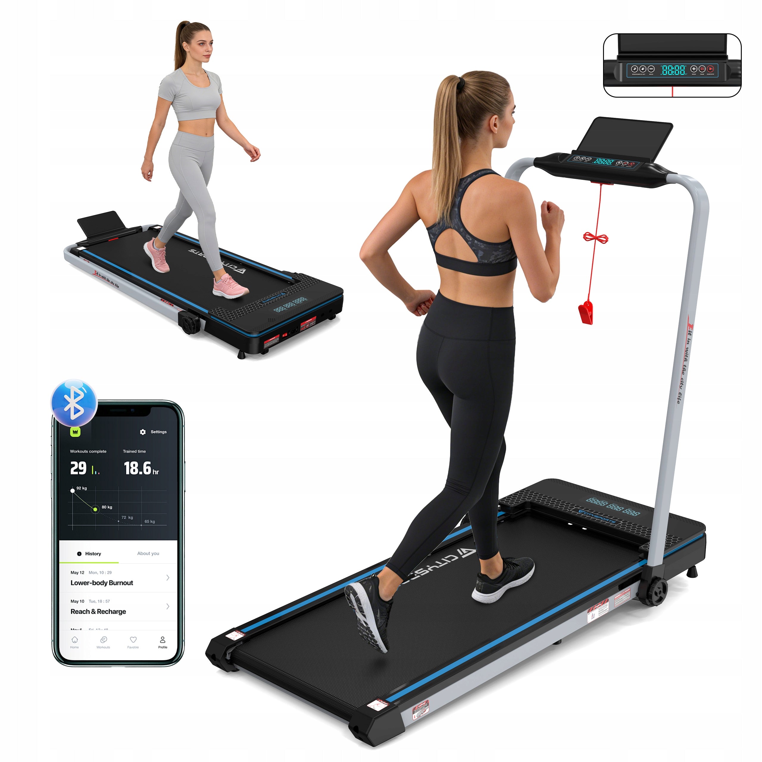 4IN1 Folding Exercise Treadmill Home Electric LED Angle Speaker App&BT 12KM