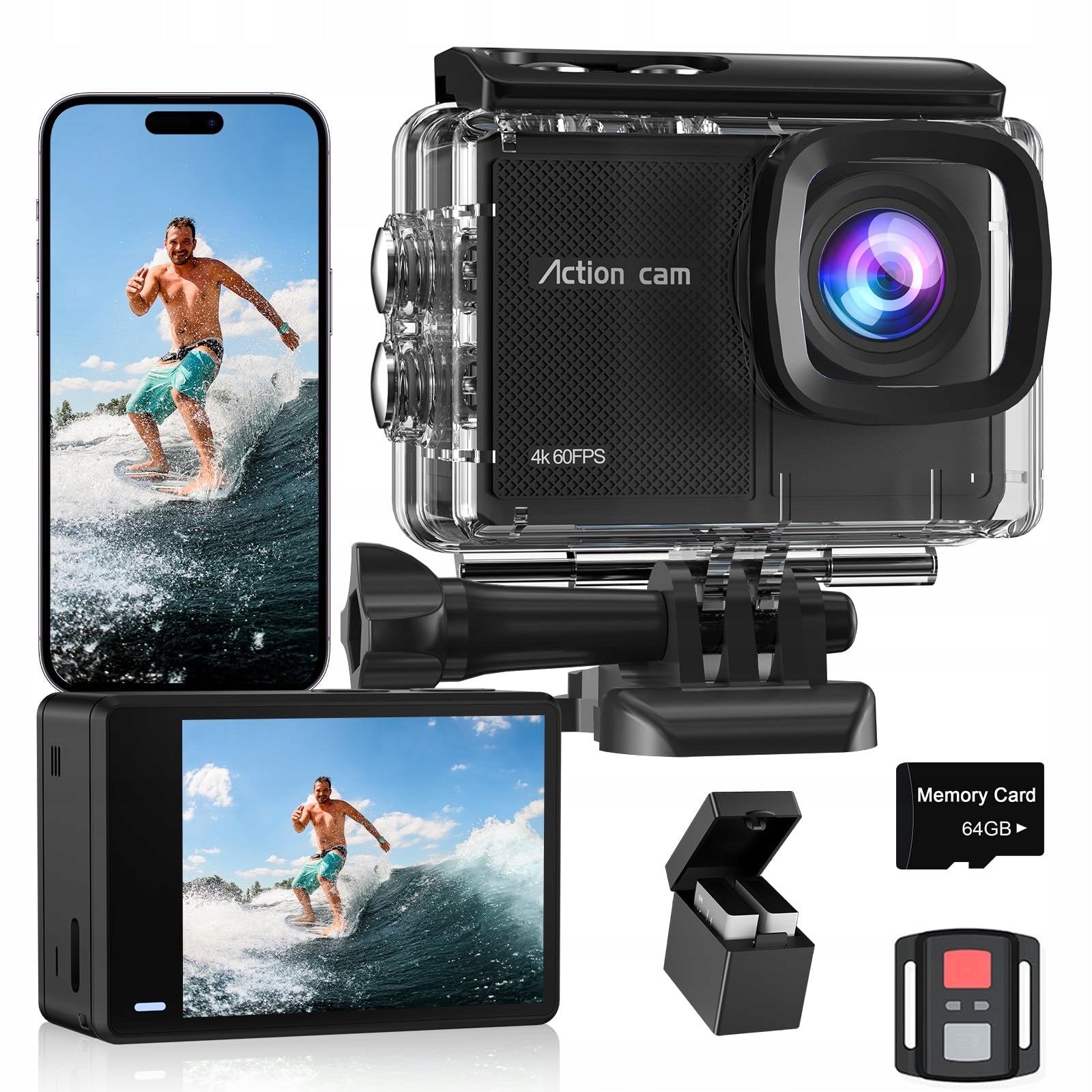 4K 60FPS Action Camera, 64GB, 8X Zoom, 40M Waterproof, 48MP EIS, WiFi