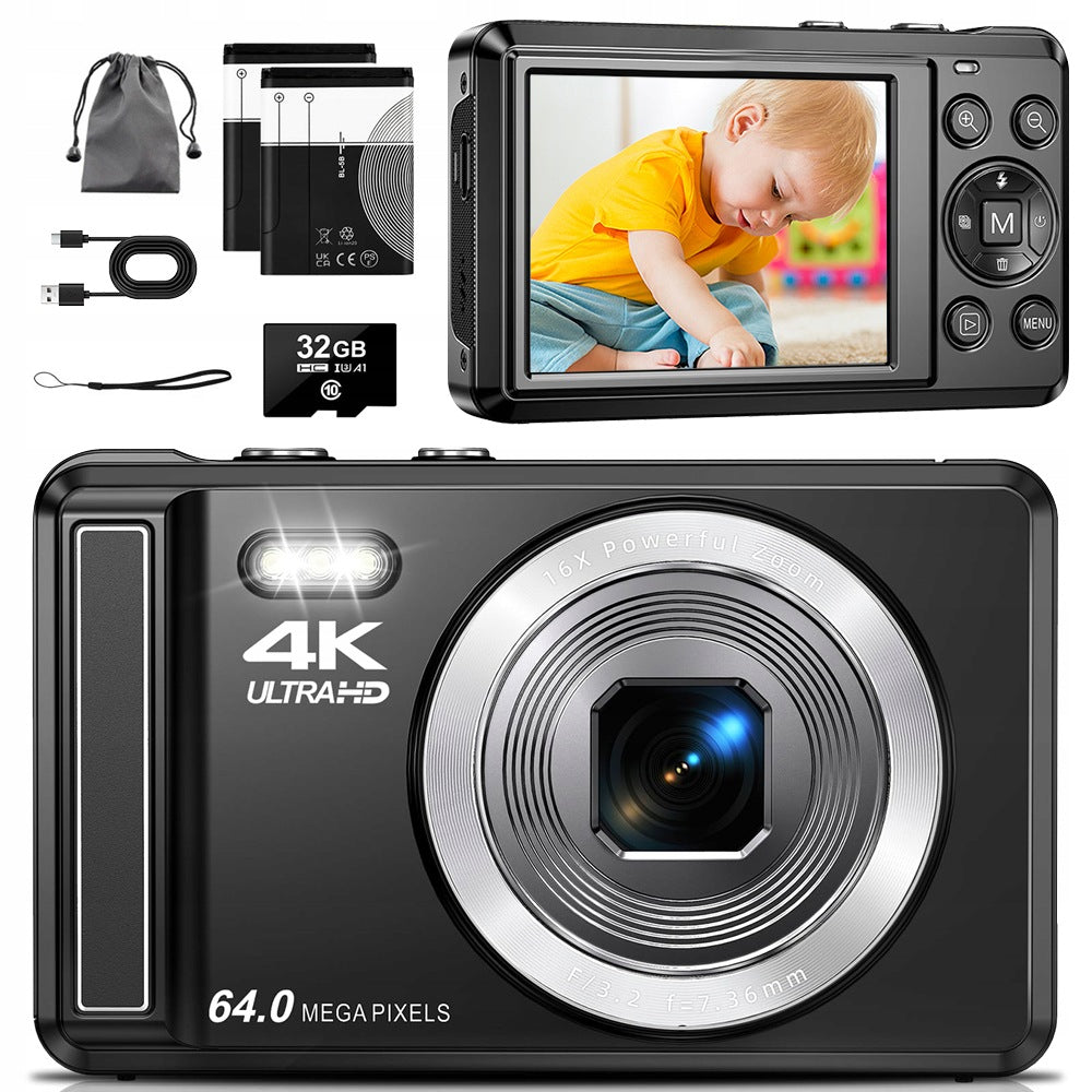 4K 64MP AUTOFOCUS CAMERA WITH 16X ZOOM & BUILT-IN FLASH +2 BATTERIES(BLACK)