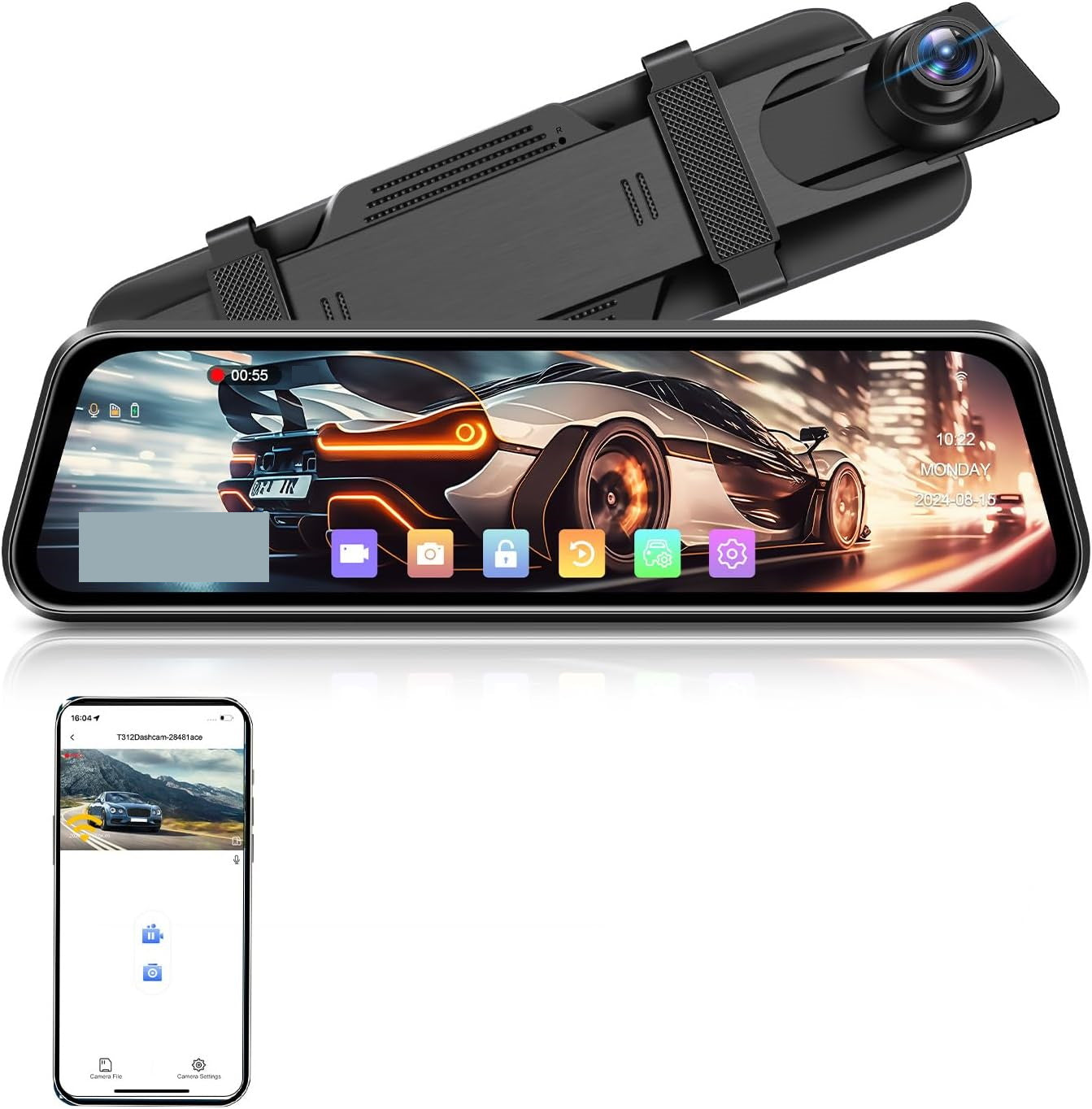 4K Airpuxem Lusterko Dashcam 10" IPS WiFi Przód Tył 64GB SD