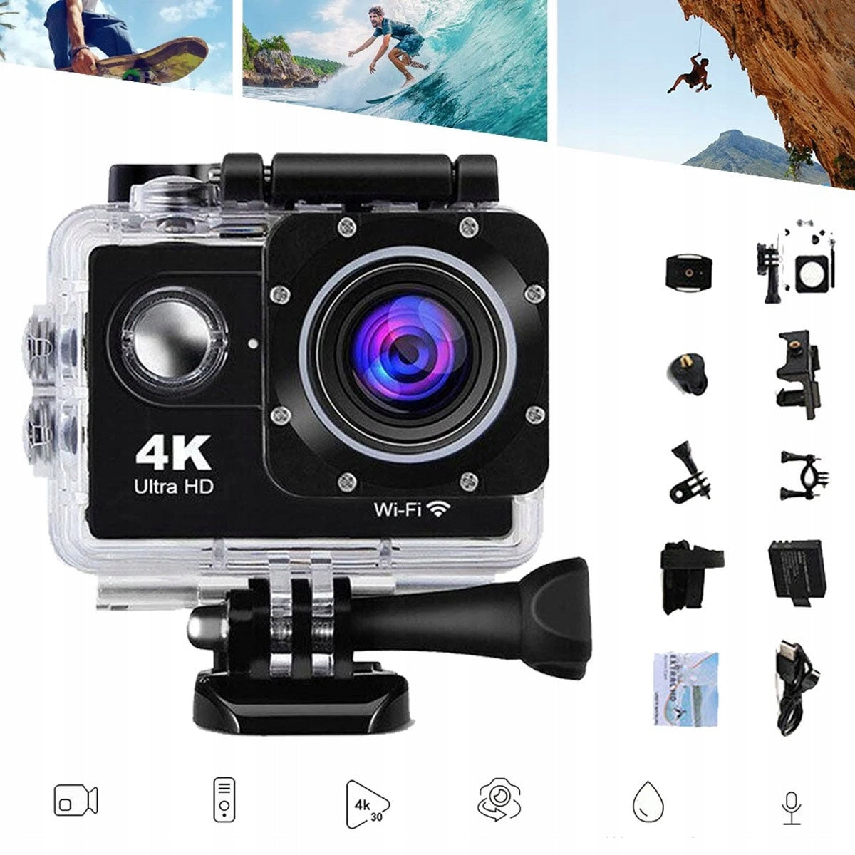 4K FULL HD SPORTS CAMERA WATERPROOF 30M MOUNT KIT HANDLES