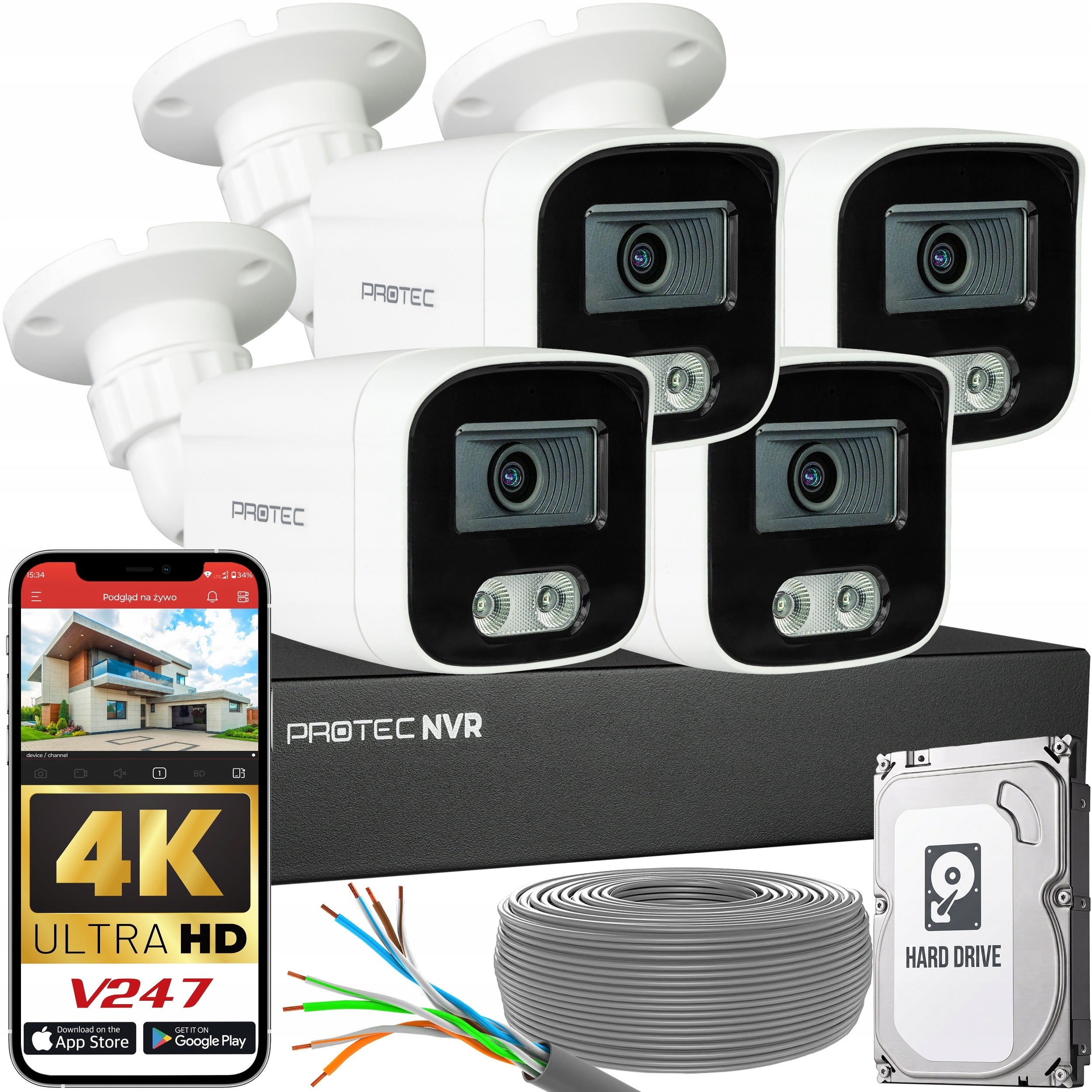 4K Home Monitoring Set of 4 IP PoE Cameras Outdoor Microphone Night IR