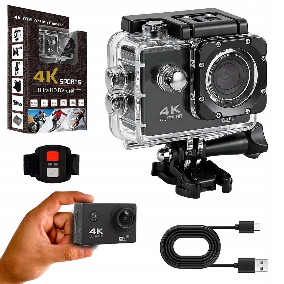 4K SPORTS CAMERA WIFI USB MICROPHONE WATERPROOF AKCESORIA SET 2026