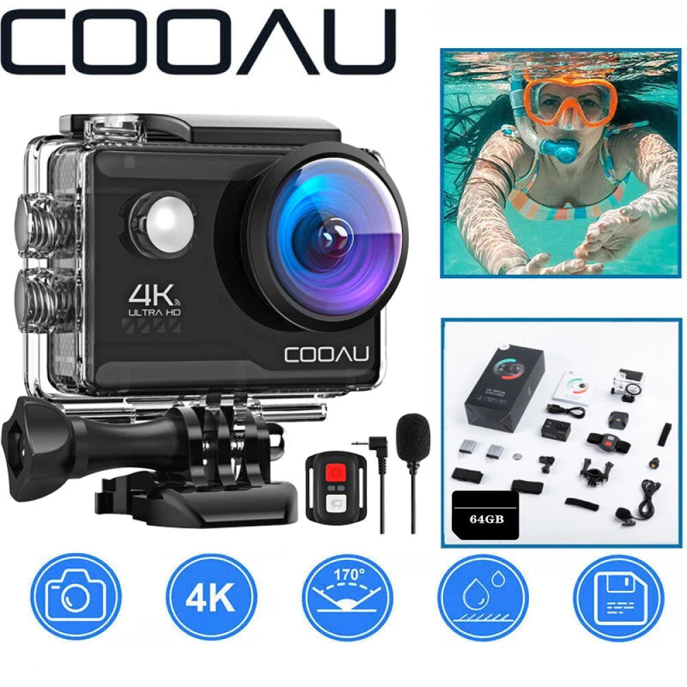 4K UHD Sports Camera 30FPS WiFi Accessories USB-C Remote Control Waterproof 64GB SD