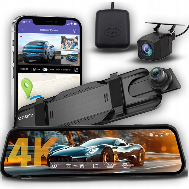 4K VIDEO RECORDER CAR CAMERA IN MIRROR TOUCH SCREEN 9,66" GPS