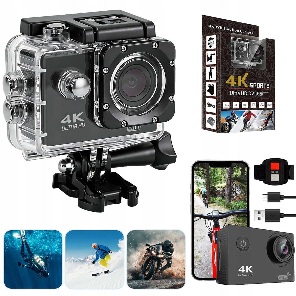 4K Wi-Fi Sports Camera Waterproof 30m With Mount Kit