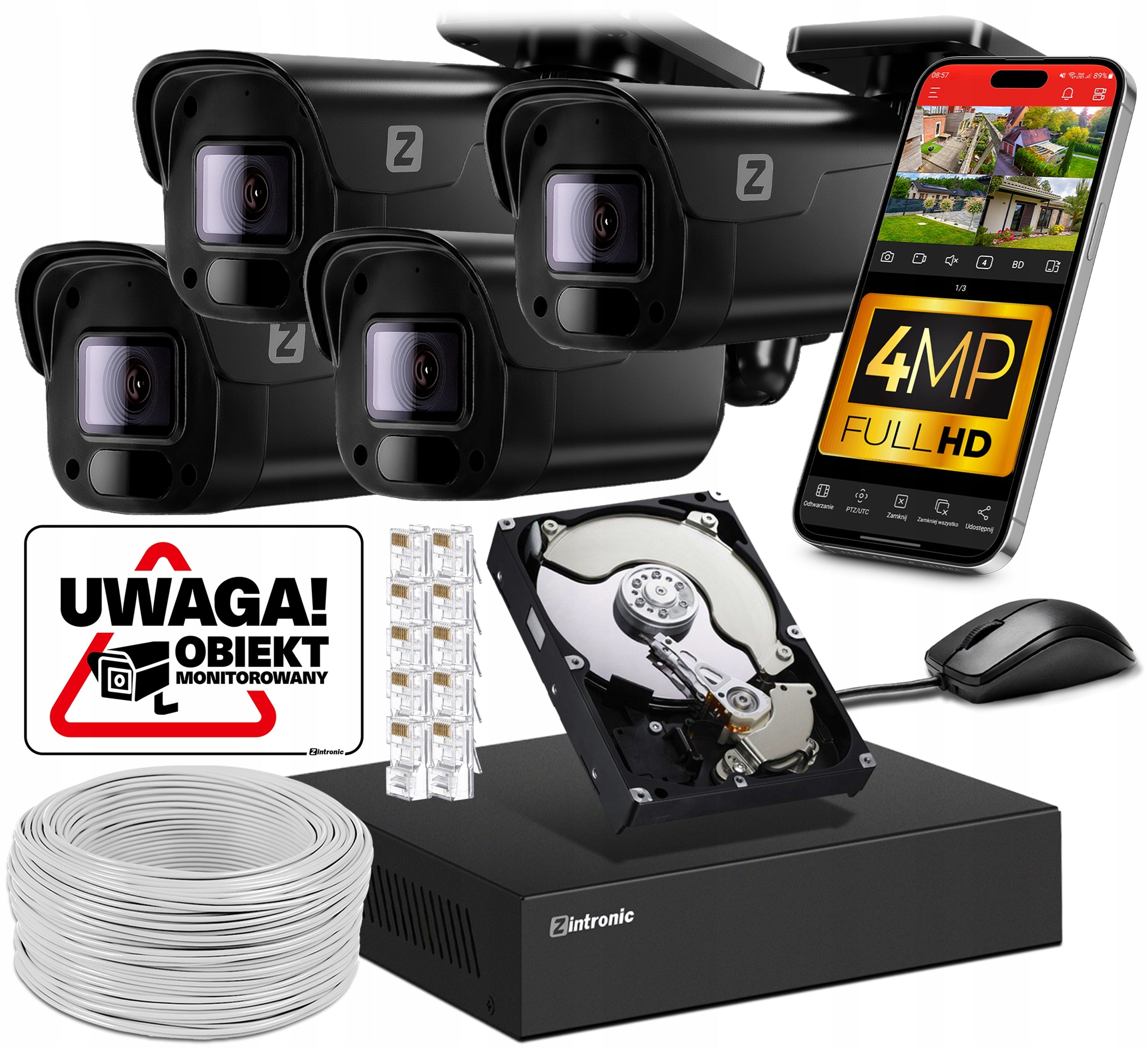 4MP IP POE SURVEILLANCE KIT 4 CAMERAS 4MPx 1TB PREVIEW APP BLACK