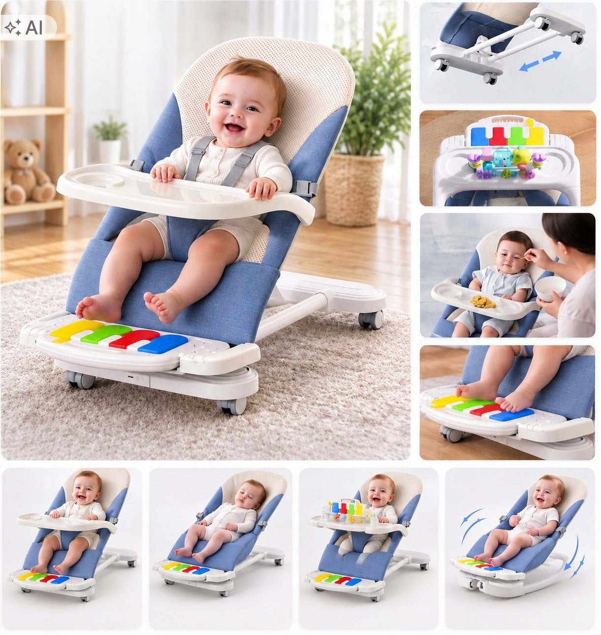 4in1 Baby Rocker Lounger with Piano Tray and Wheels Packaging status original