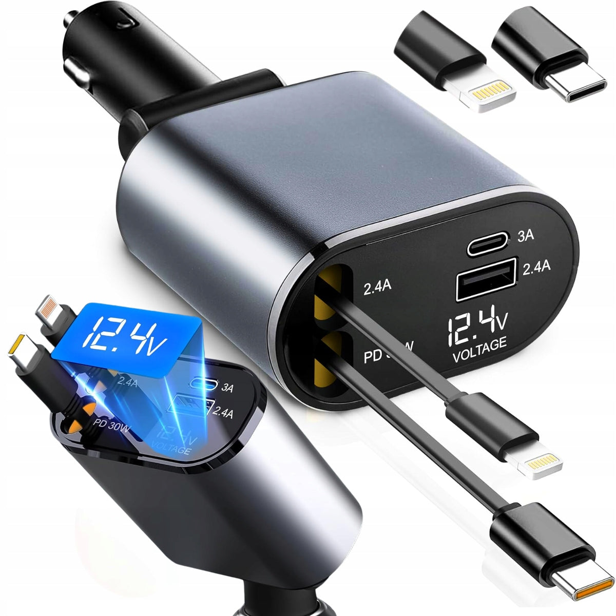 4in1 CAR CHARGER RETRACTOR 120W FAST CHARGING USB C LIGHTNING