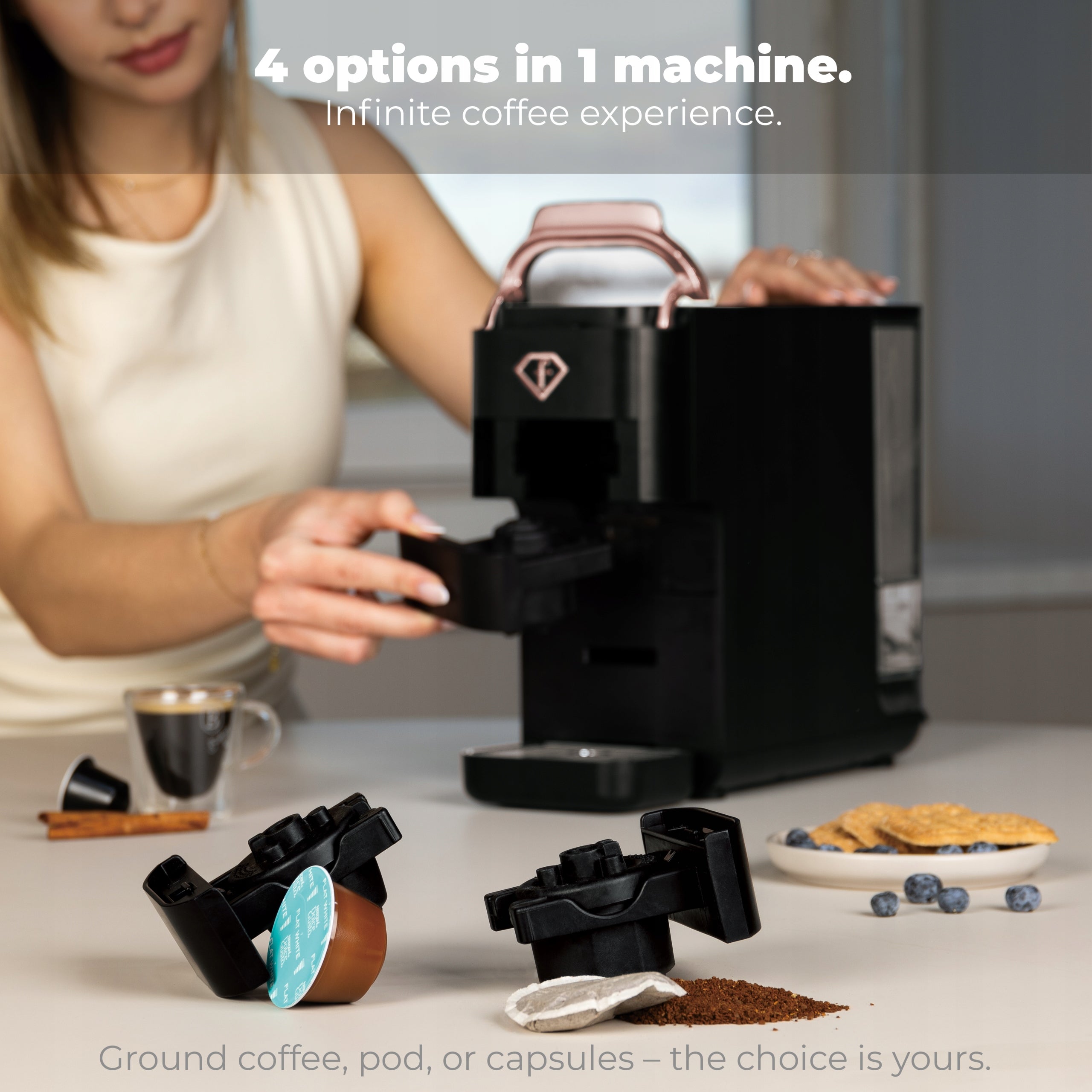 4in1 Capsule Coffee Maker, Fashion TV FTV-0157 Matte Black - Rose Gold Packaging status original