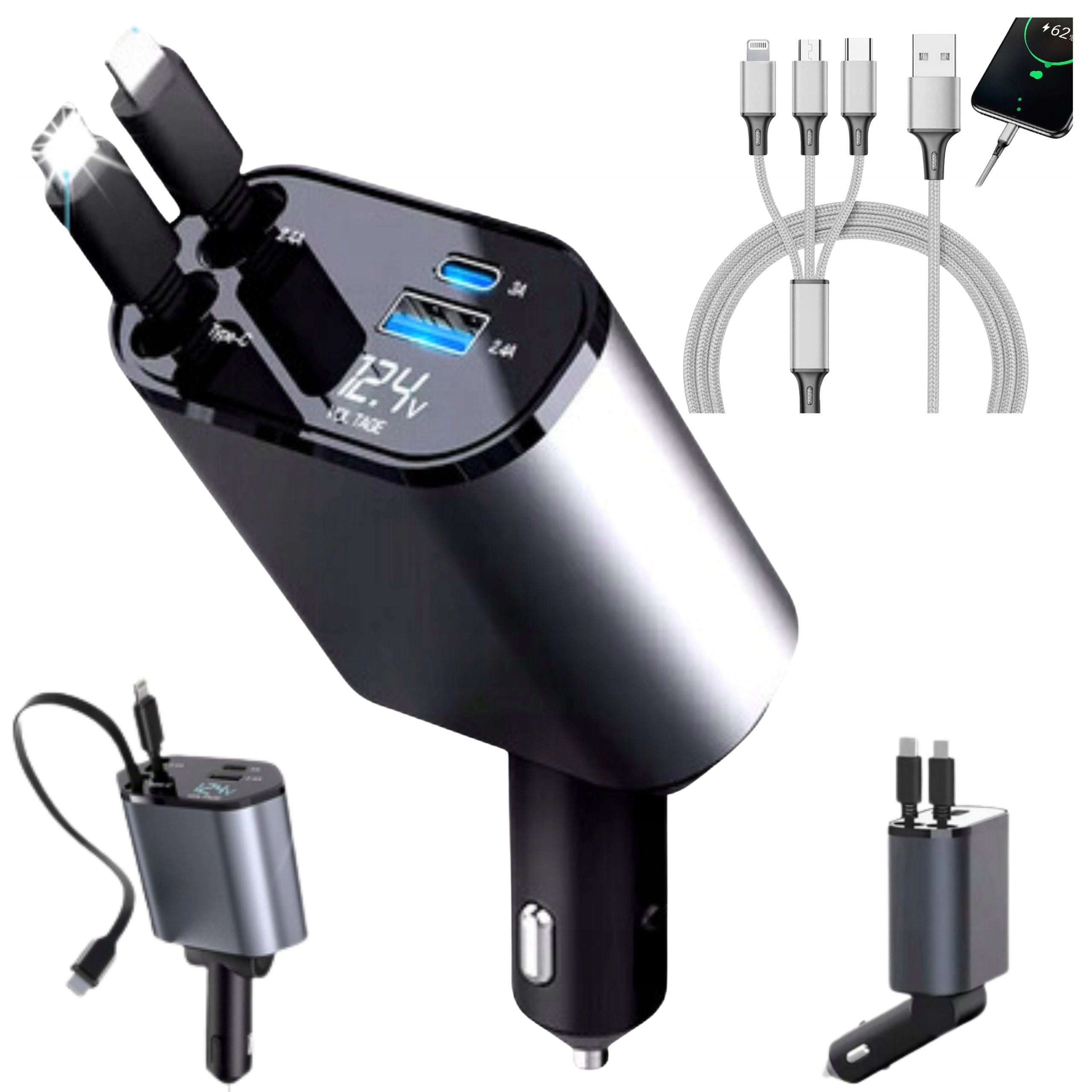 4in1 USB C CAR CHARGER RETRACTOR 120W FAST CHARGING Cable