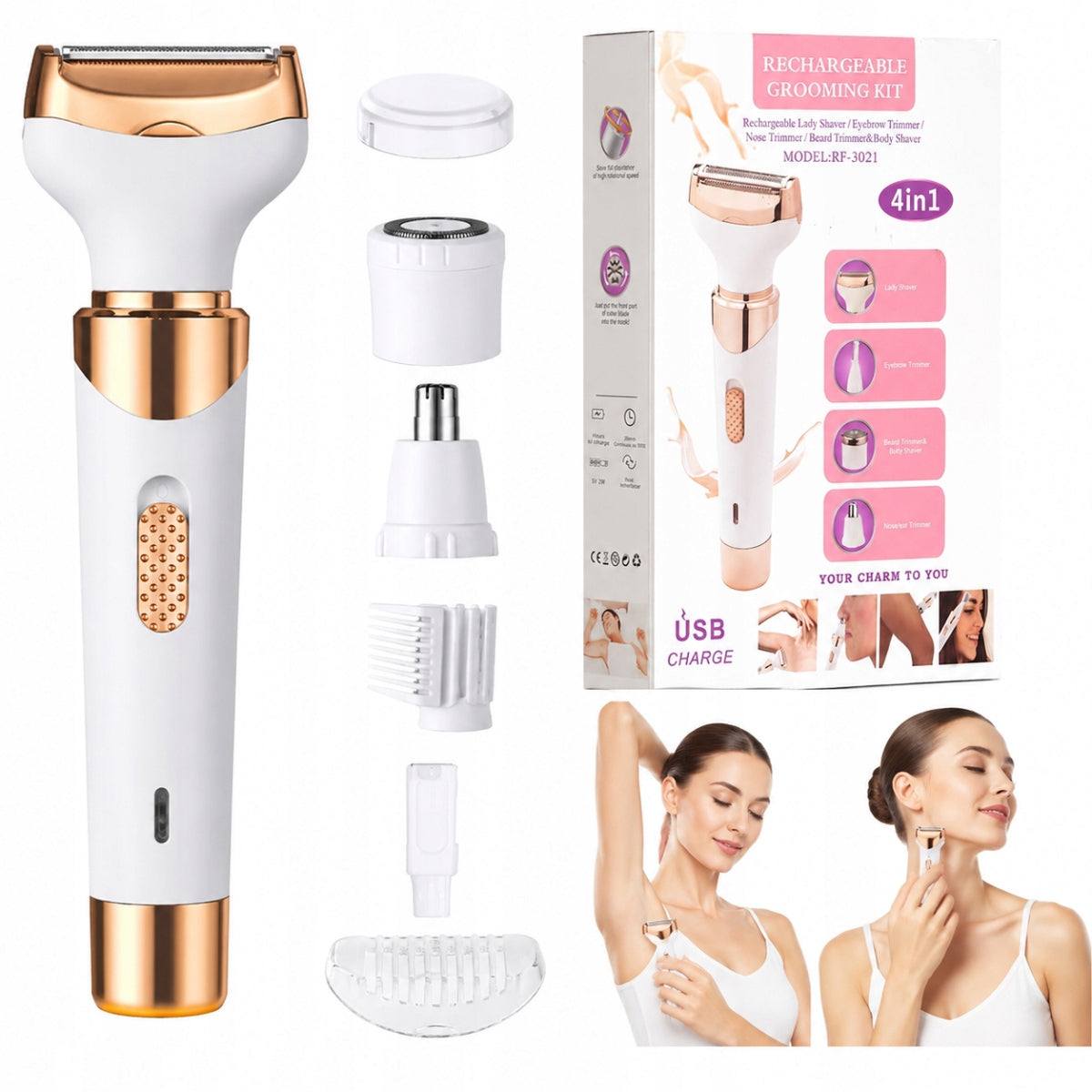 4in1 Women's Epilator Shaver for Women for Bikini Legs Pach Waterproof USB