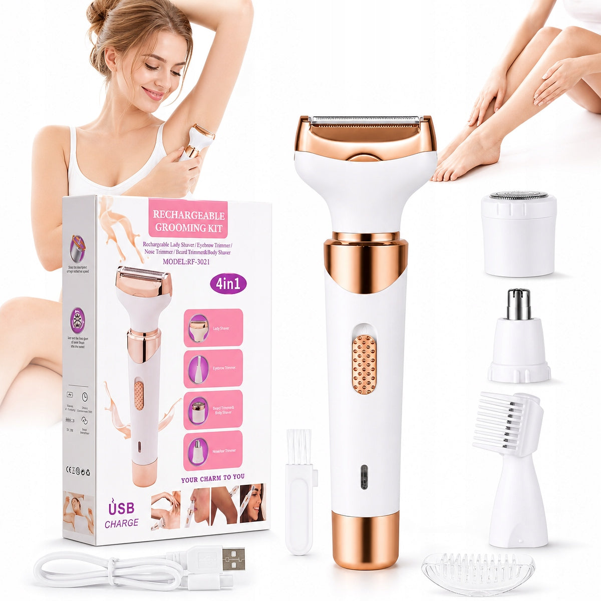 4in1 Women's Epilator Shaver for Women for Bikini Legs Pach Waterproof USB