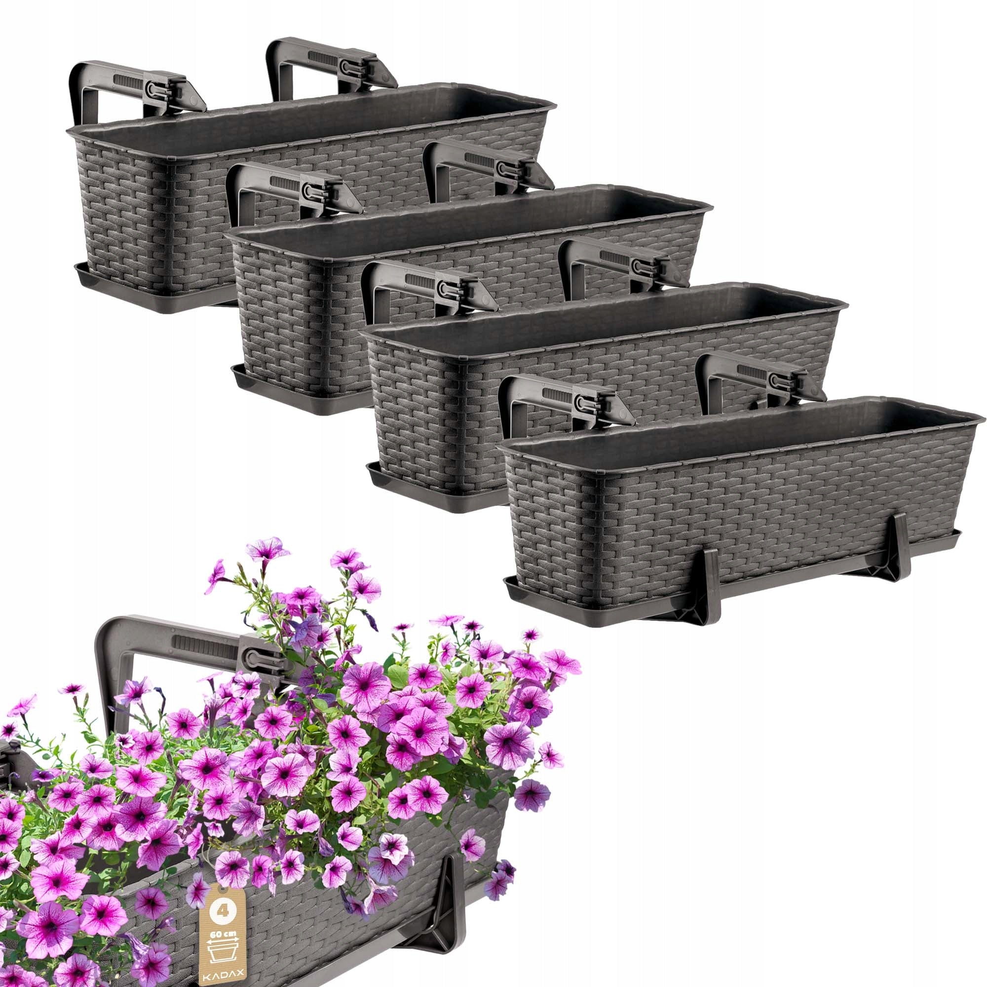 4x BALCONY BOX 60 cm FLOWER POT RATTAN BOXES HANDLES STAND BROWN