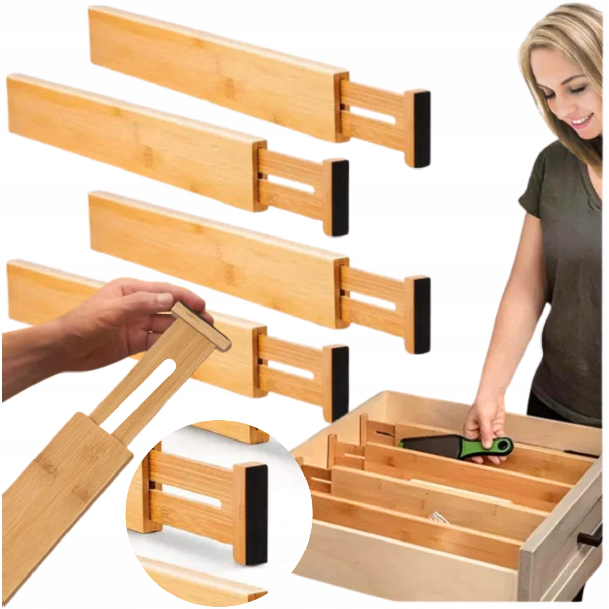 4x Drawer dividers sliding bamboo organizer separator compartment