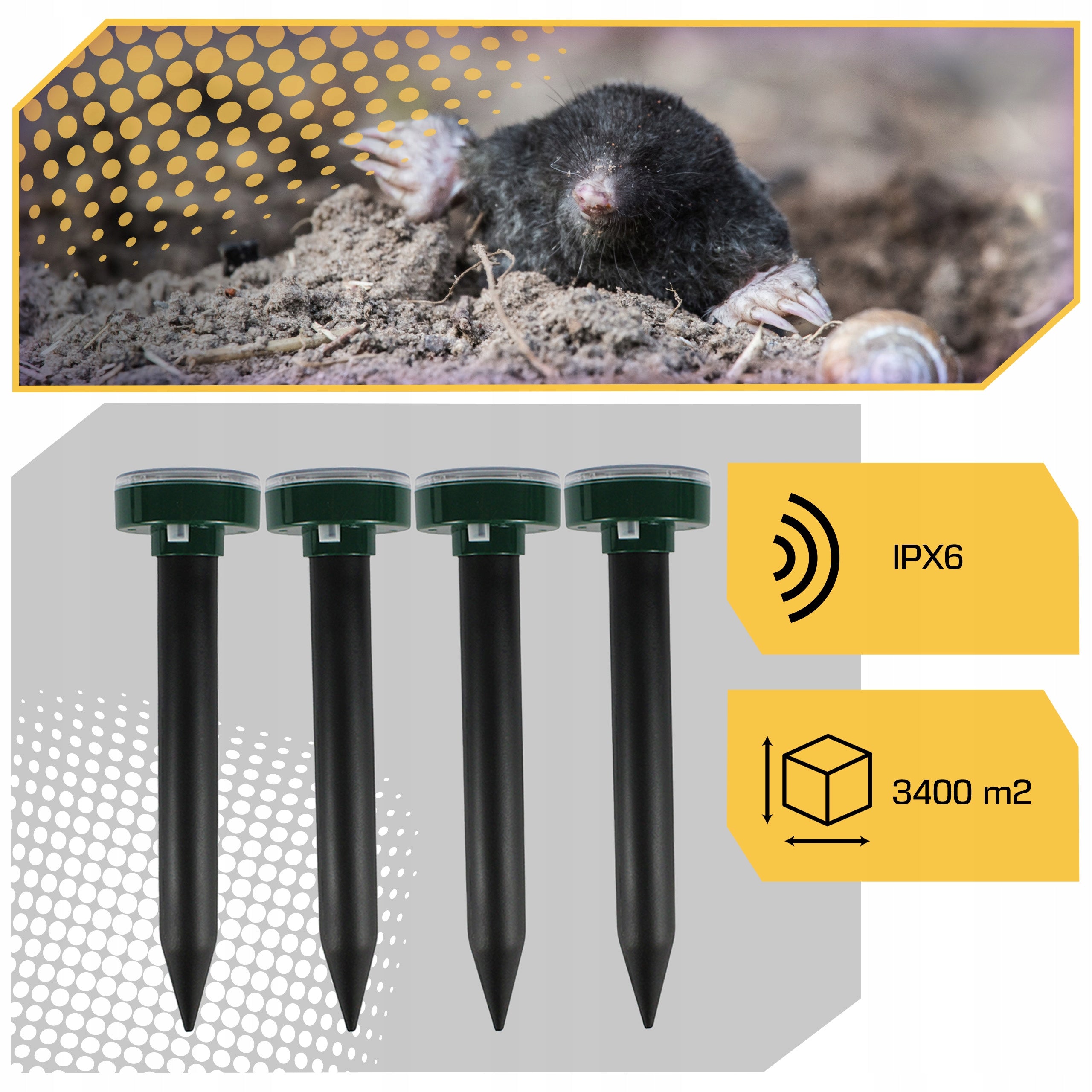 4x POWERFUL SOLAR MOLE REPELLENT FOR MOLES RODENT MICE XXL 4PCS Packaging status original
