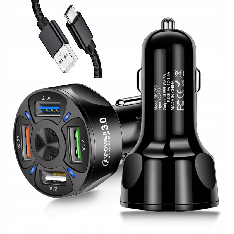 4x USB 3A QC3.0 CAR CHARGER FAST CHARGING LED + FAST CABLE