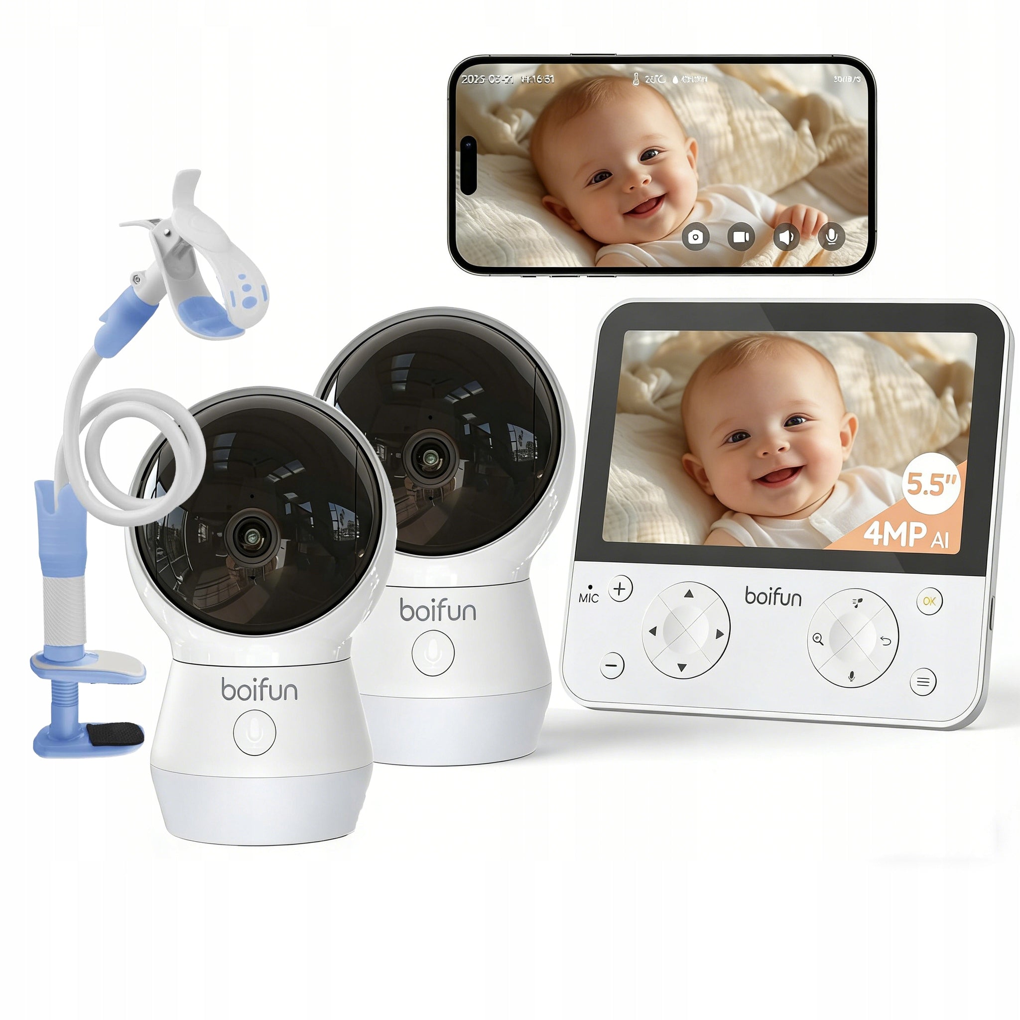 5,5" Baby Monitor with Split Screen and 2 Cameras with Clamp