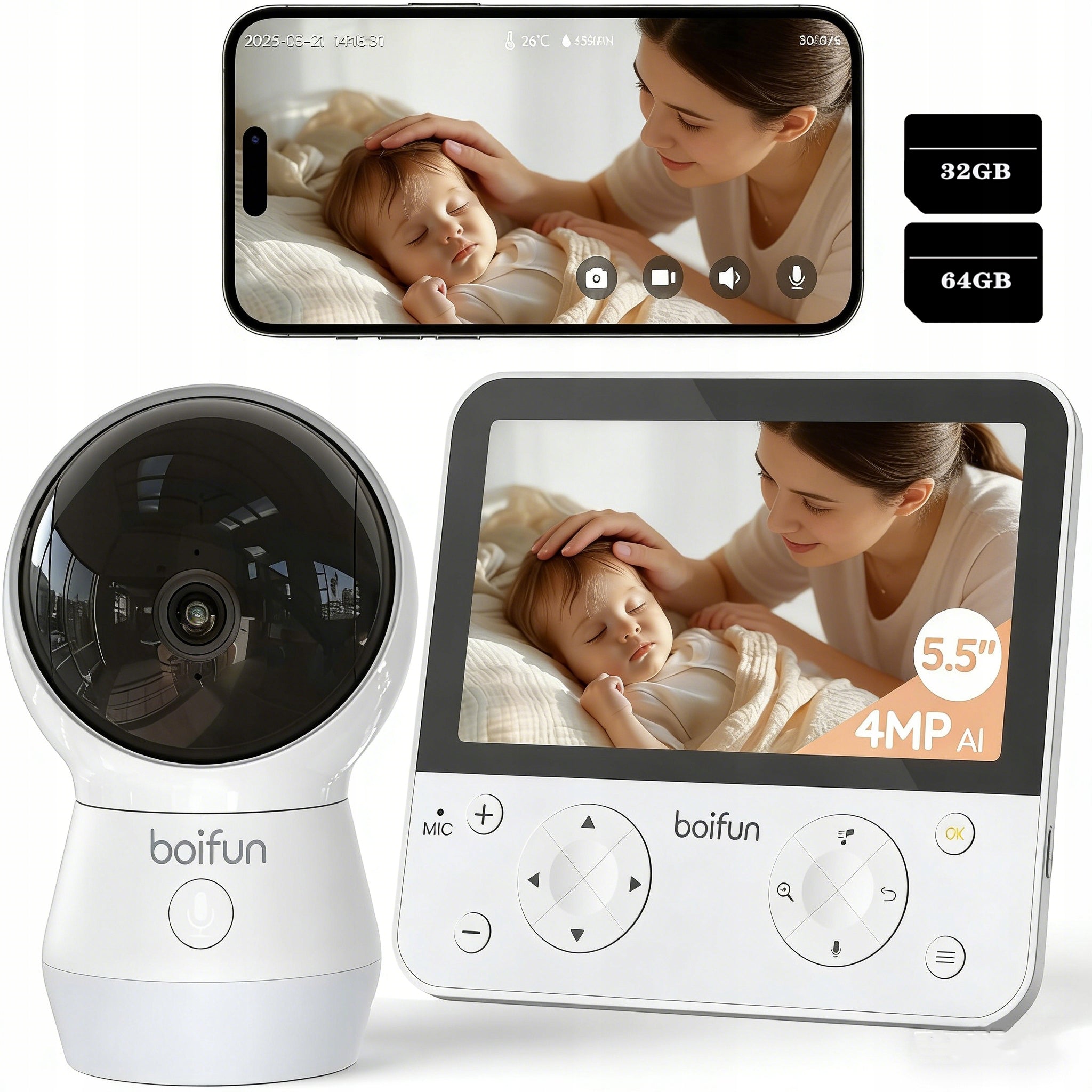 5.5" WiFi Baby Monitor with Camera and App with 32&64GB Memory Card