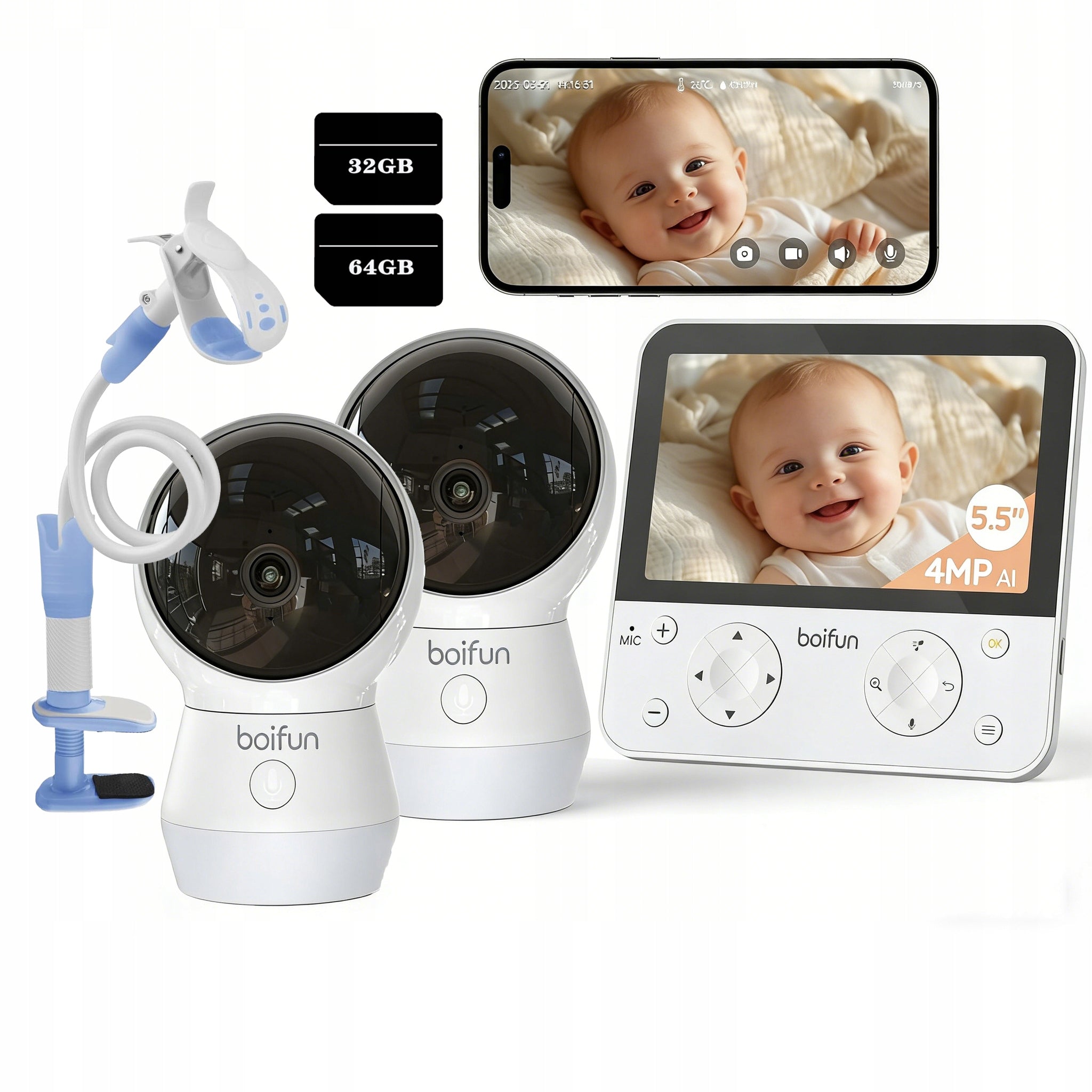 5,5" baby monitor with split screen and 2 4x Zoom 360° cameras