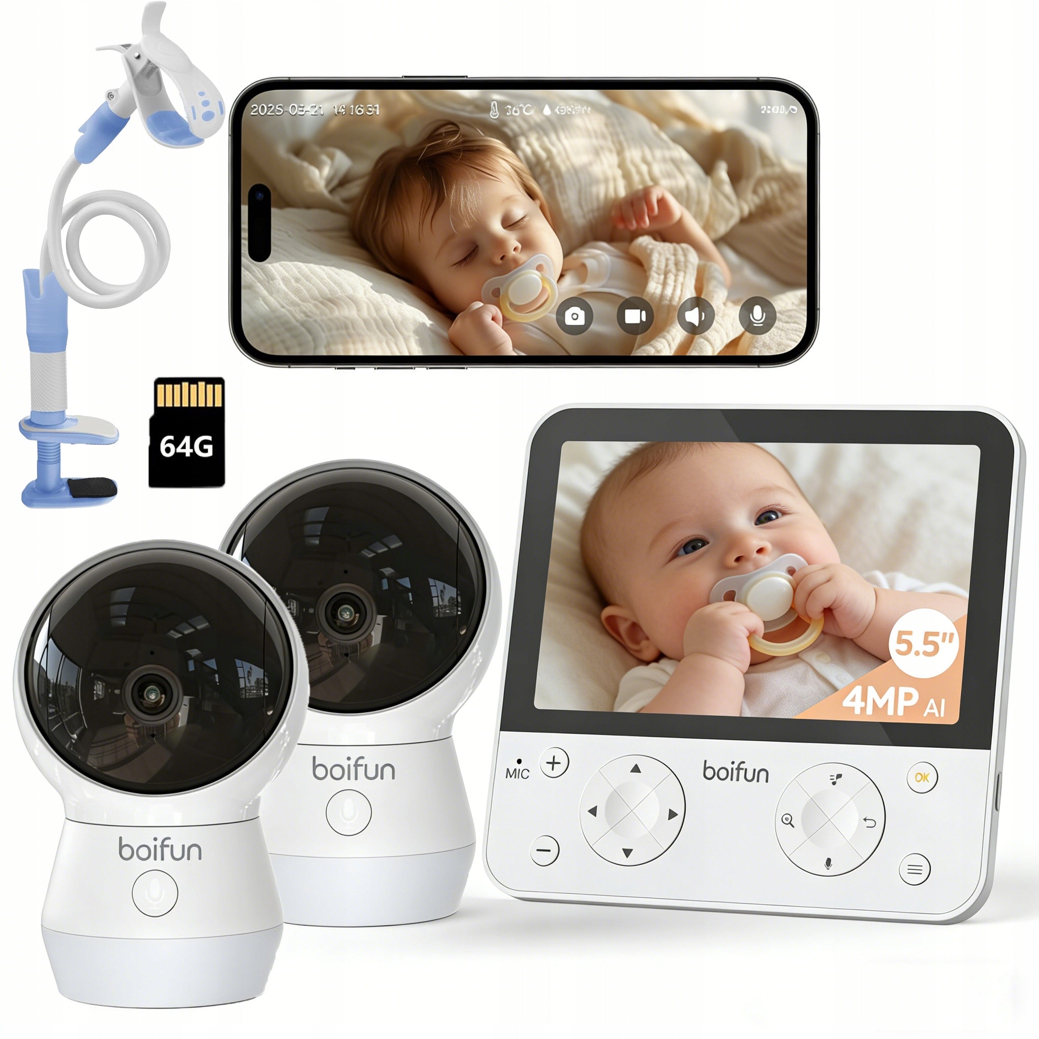 5,5" baby monitor with split screen and 2 cameras 360° PTZ