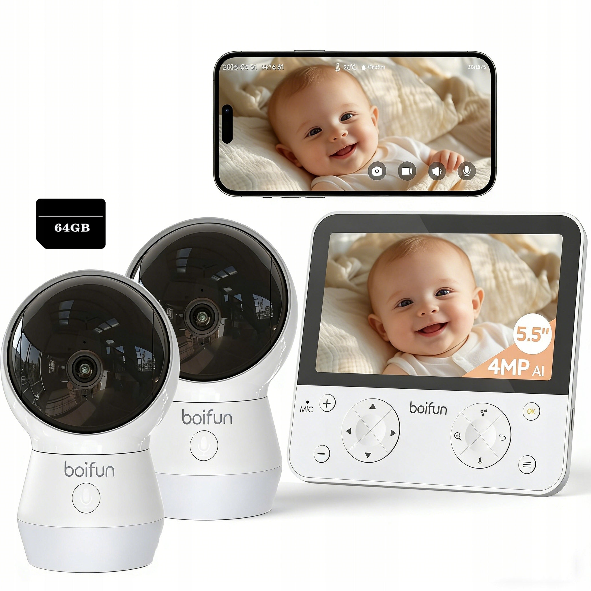 5,5" split screen baby monitor with 2 cameras with 64GB card