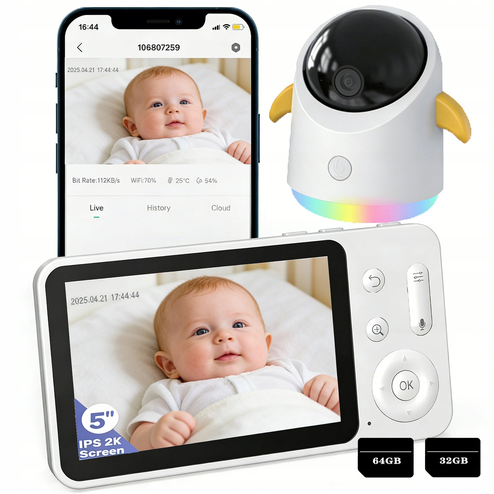 5" BABY MONITOR HOME WIFI CAMERA IP ROTATING 2K 4XZOOM WITH CARD