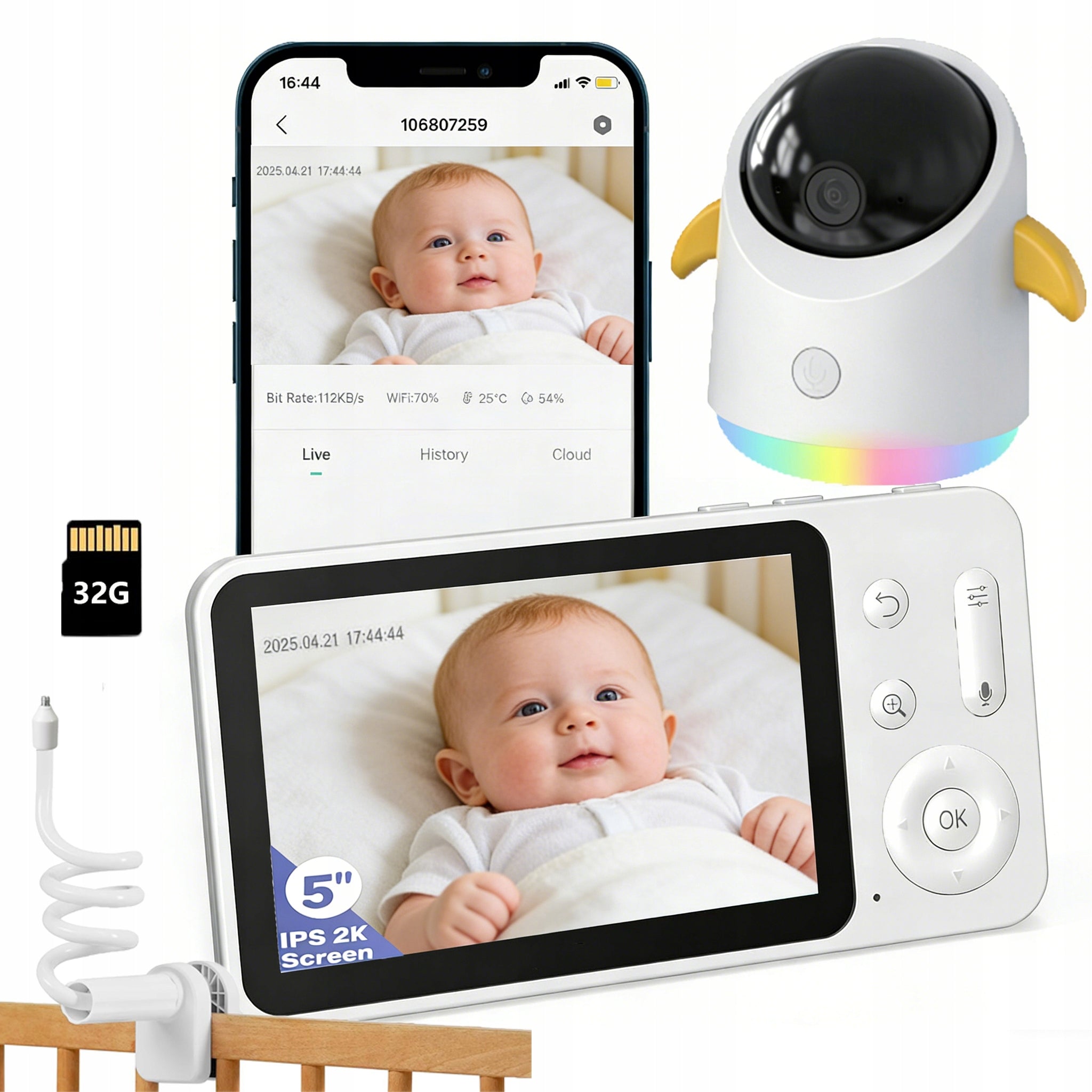 5" NANNY HOME WIFI CAMERA ROTATING RGB NIGHT LIGHT WITH 64GB MEMORY CARD